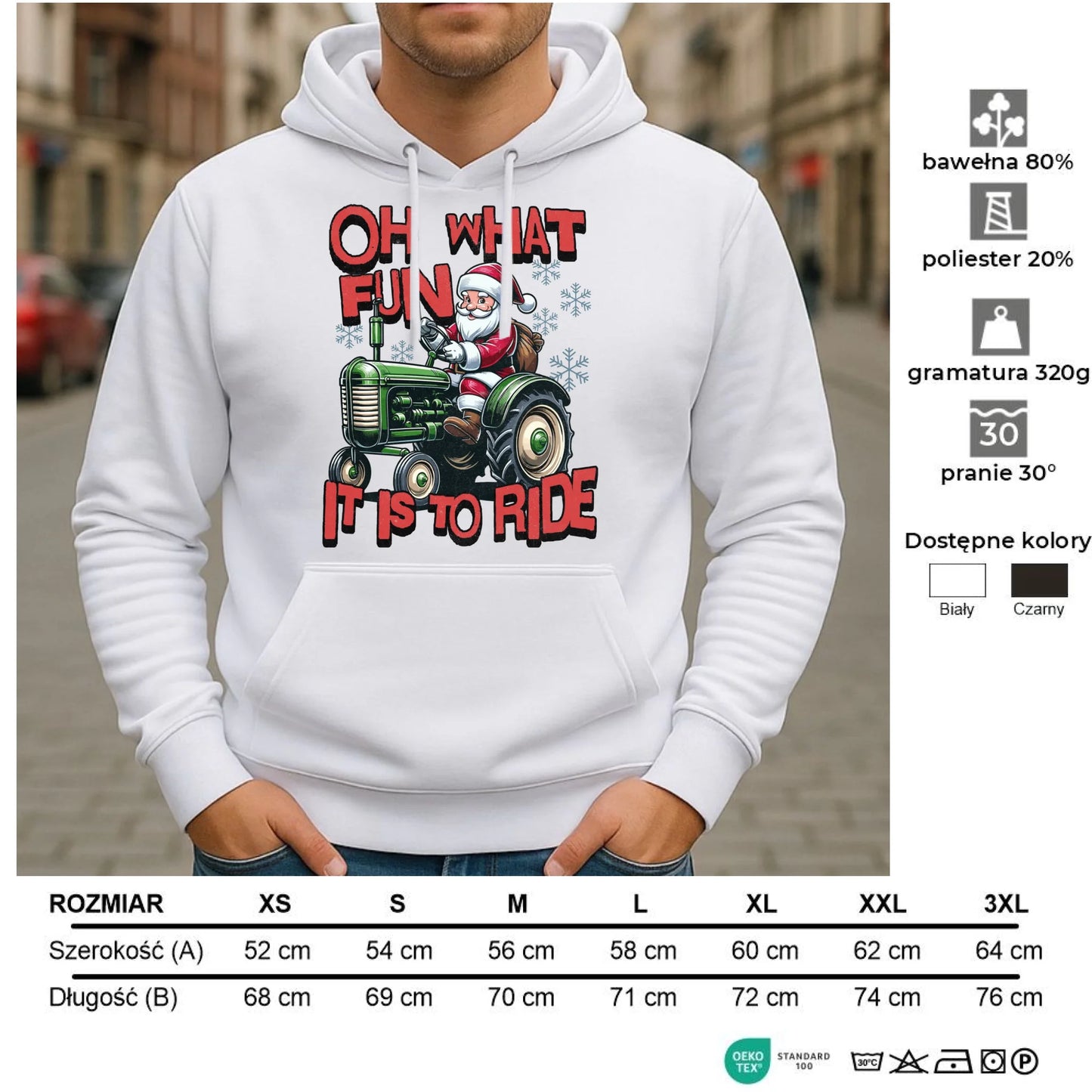 Bluza męska z kapturem świąteczna - Mikołaj na traktorze - Oh what fun BN48 - StoryCups.pl