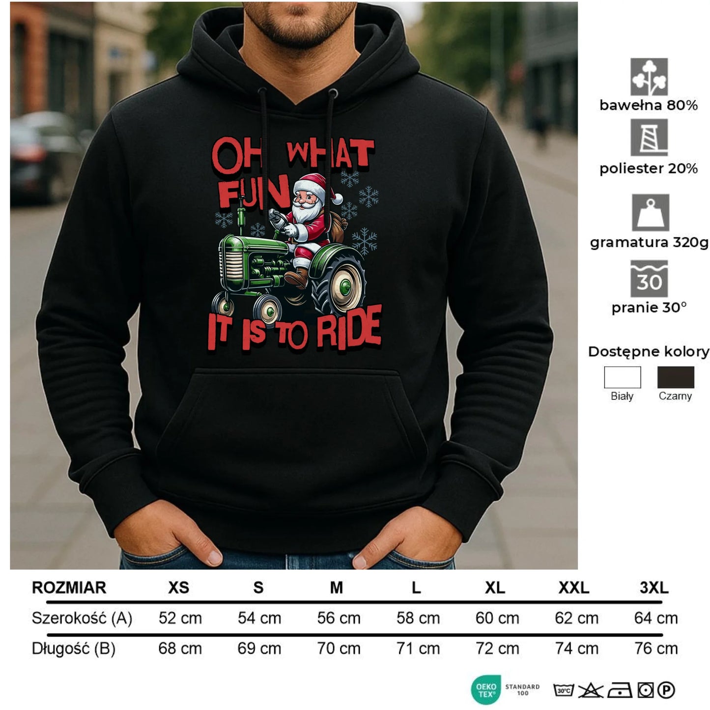 Bluza męska z kapturem świąteczna - Mikołaj na traktorze - Oh what fun BN48 - StoryCups.pl