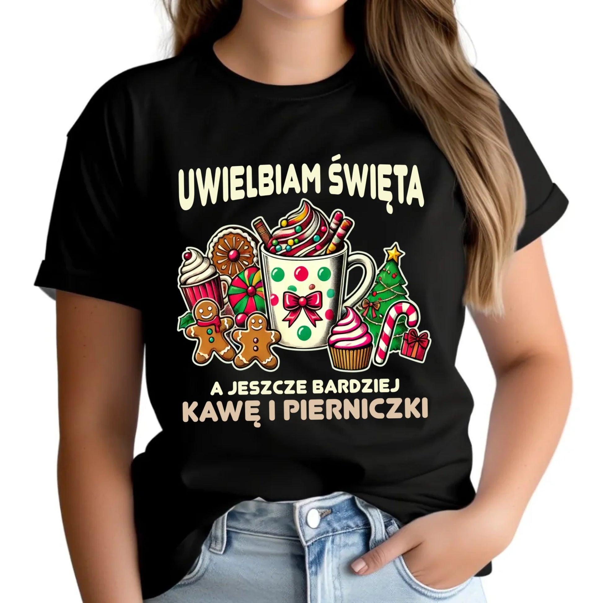 Koszulka damska świąteczna - Uwielbiam święta kawę i pierniczki BN47 - StoryCups.pl