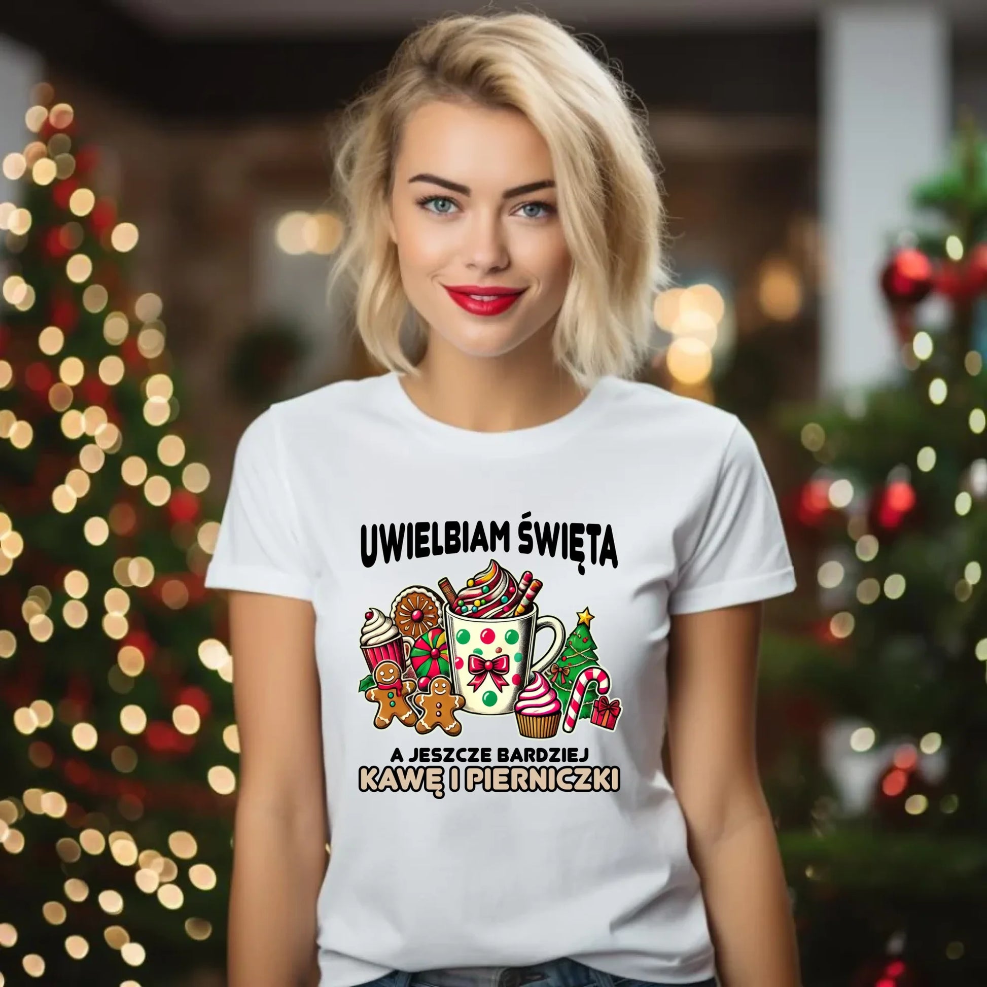 Koszulka damska świąteczna - Uwielbiam święta kawę i pierniczki BN47 - StoryCups.pl