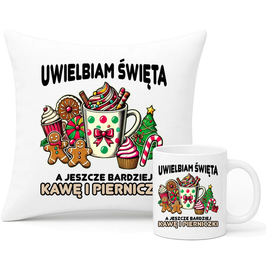 Zestaw poduszka i kubek - Uwielbiam święta kawę i pierniczki BN47 - StoryCups.pl