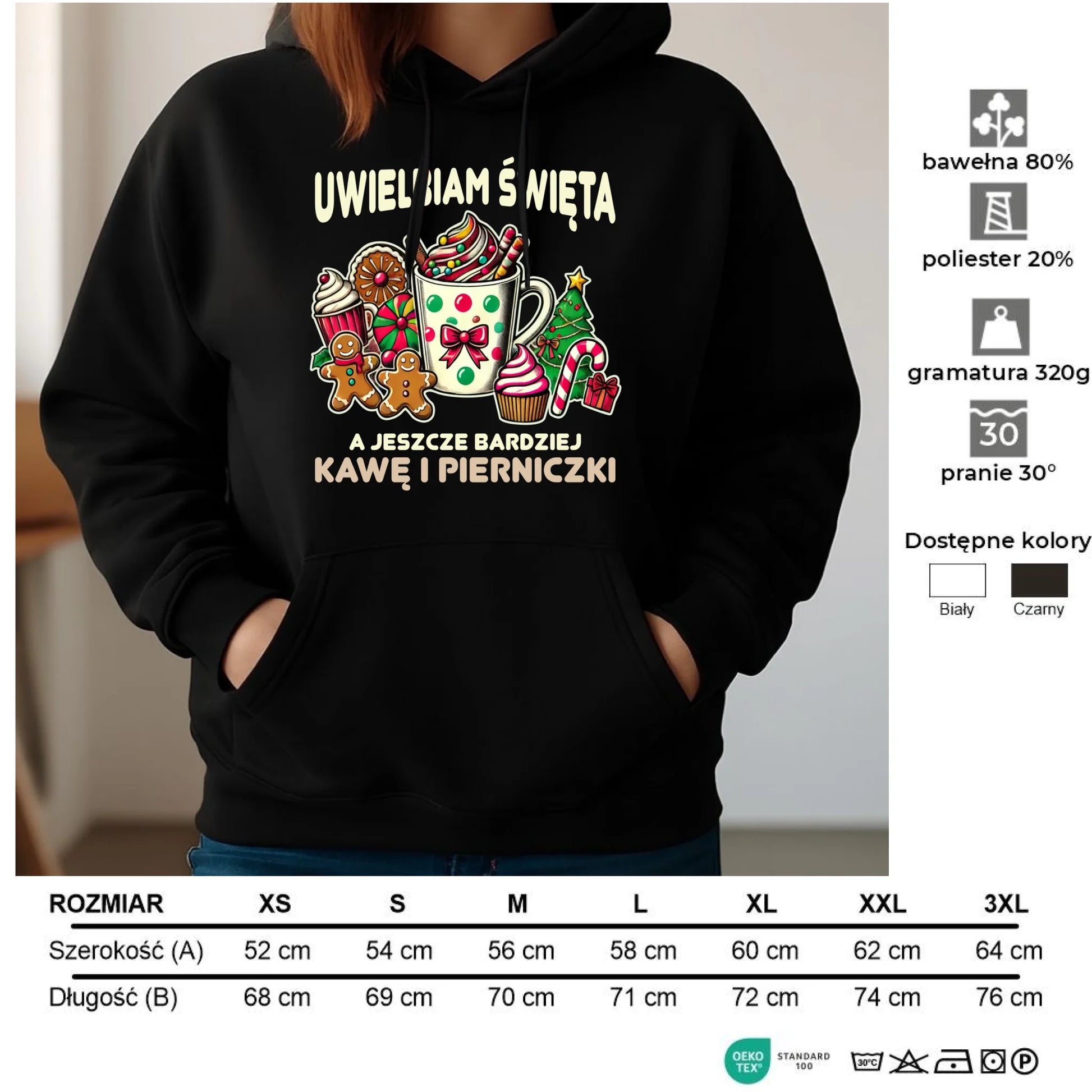 Bluza damska z kapturem świąteczna - Uwielbiam święta kawę i pierniczki BN47 - StoryCups.pl
