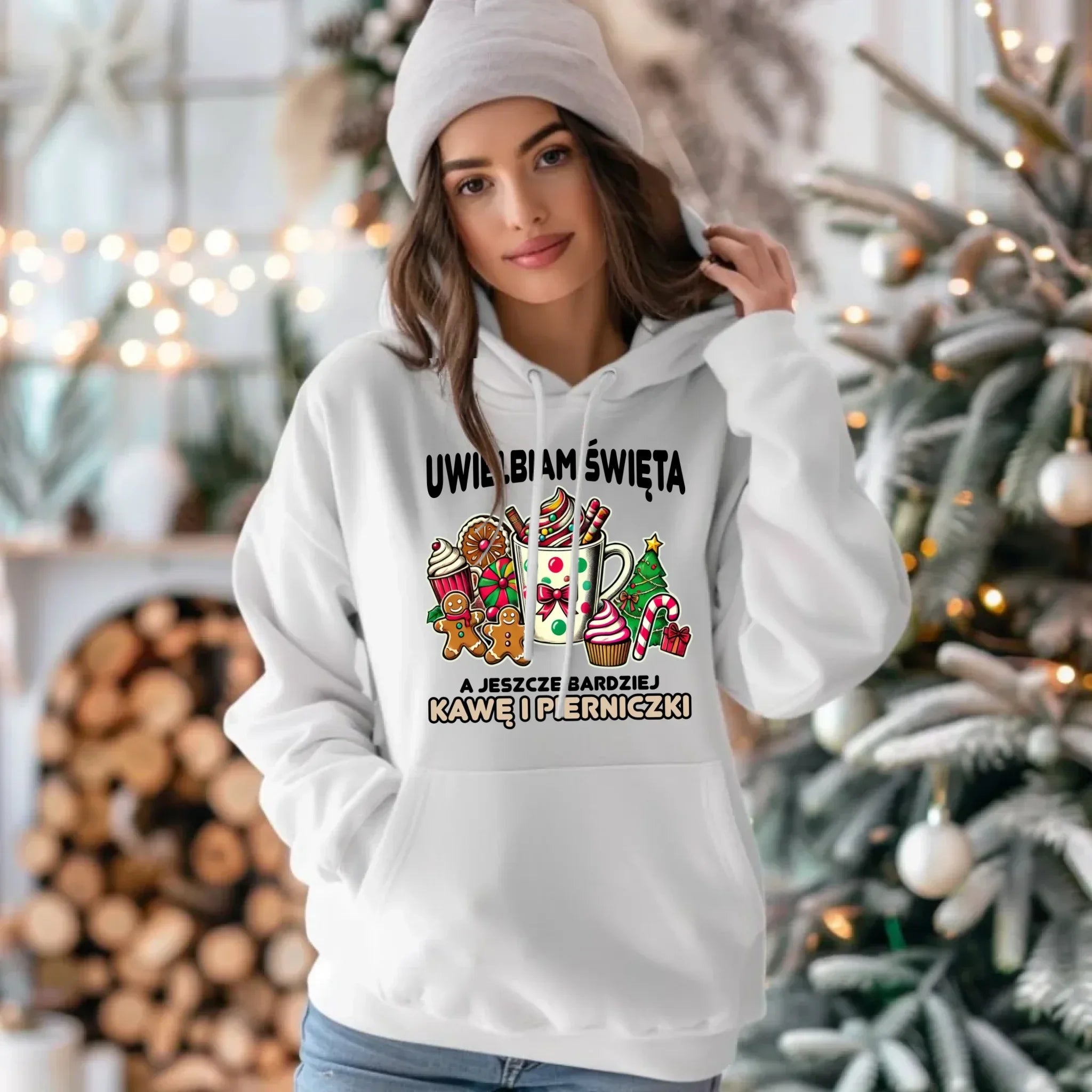 Bluza damska z kapturem świąteczna - Uwielbiam święta kawę i pierniczki BN47 - StoryCups.pl