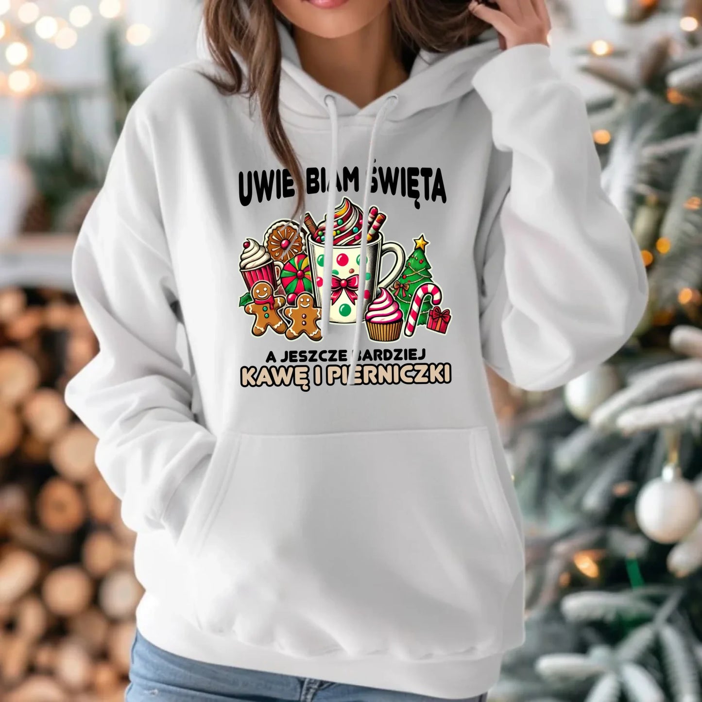 Bluza damska z kapturem świąteczna - Uwielbiam święta kawę i pierniczki BN47 - StoryCups.pl