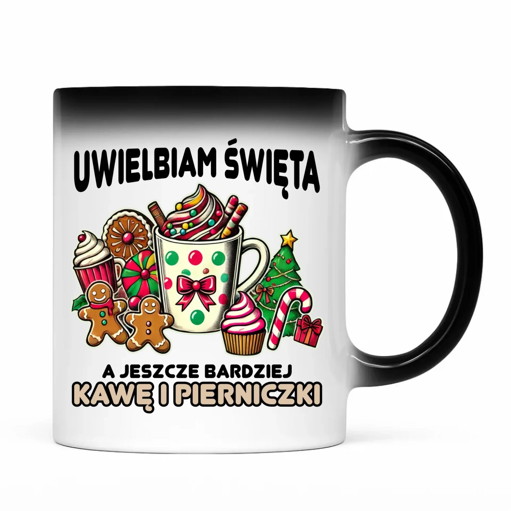 Kubek magiczny świąteczny - Uwielbiam święta kawę i pierniczki BN47 - StoryCups.pl
