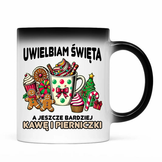 Kubek magiczny świąteczny - Uwielbiam święta kawę i pierniczki BN47 - StoryCups.pl