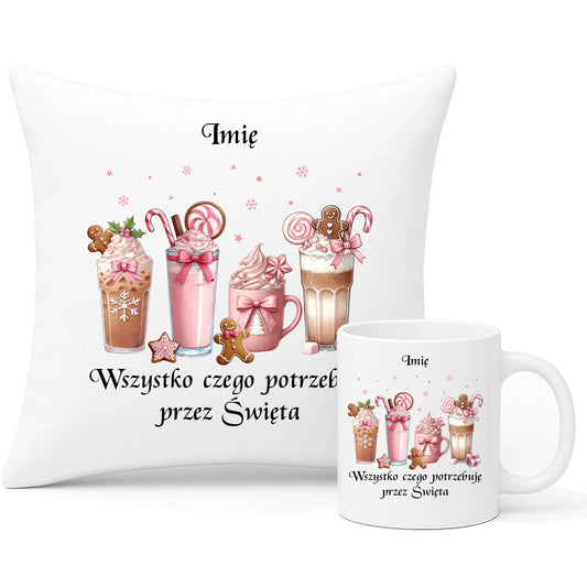 Zestaw poduszka i kubek świąteczny - Zimowa kawa Wszystko czego potrzebuję przez Święta - personalizowany BN46 - StoryCups.pl
