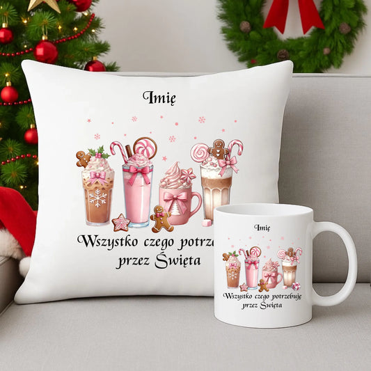 Zestaw poduszka i kubek świąteczny - Zimowa kawa Wszystko czego potrzebuję przez Święta - personalizowany BN46 - StoryCups.pl