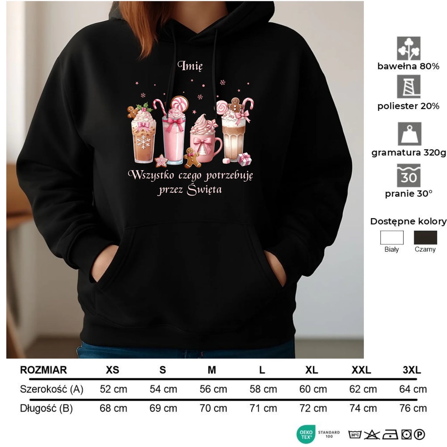 Bluza damska z kapturem świąteczna - Zimowa kawa Wszystko czego potrzebuję przez Święta - personalizowana BN46 - StoryCups.pl