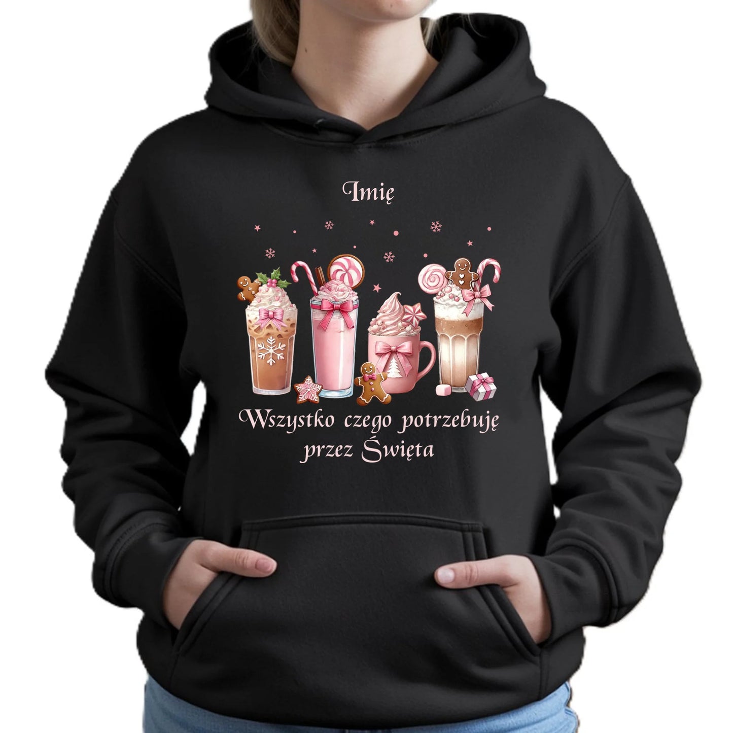 Bluza damska z kapturem świąteczna - Zimowa kawa Wszystko czego potrzebuję przez Święta - personalizowana BN46 - StoryCups.pl