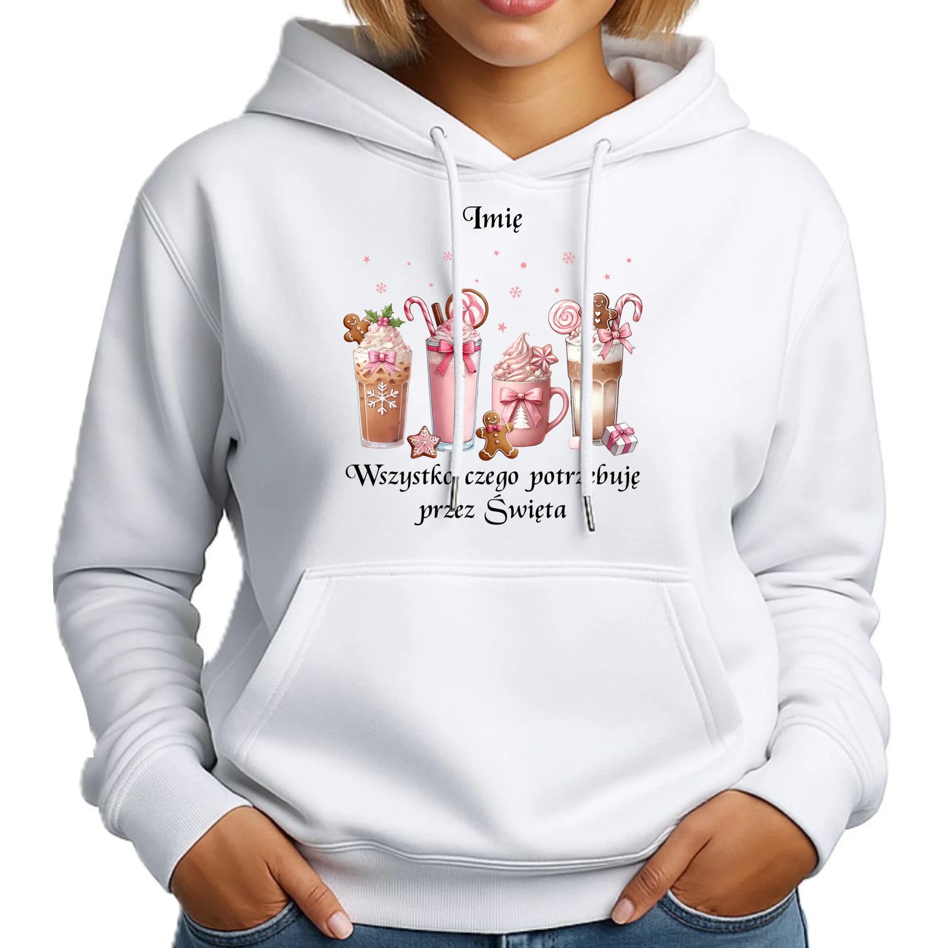 Bluza damska z kapturem świąteczna - Zimowa kawa Wszystko czego potrzebuję przez Święta - personalizowana BN46 - StoryCups.pl