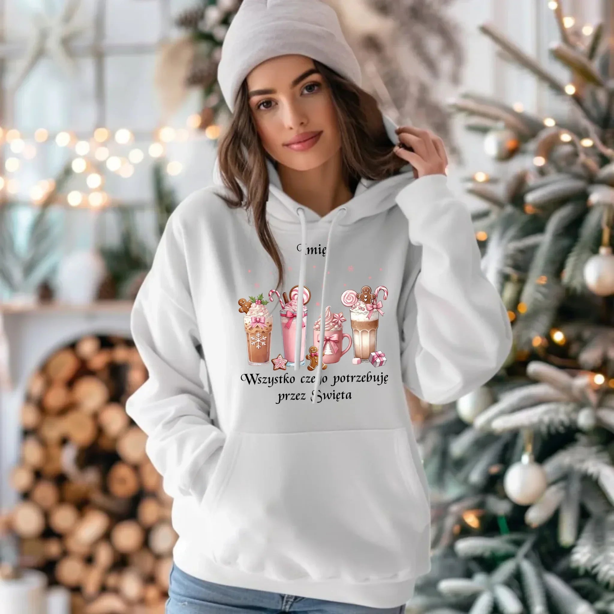 Bluza damska z kapturem świąteczna - Zimowa kawa Wszystko czego potrzebuję przez Święta - personalizowana BN46 - StoryCups.pl