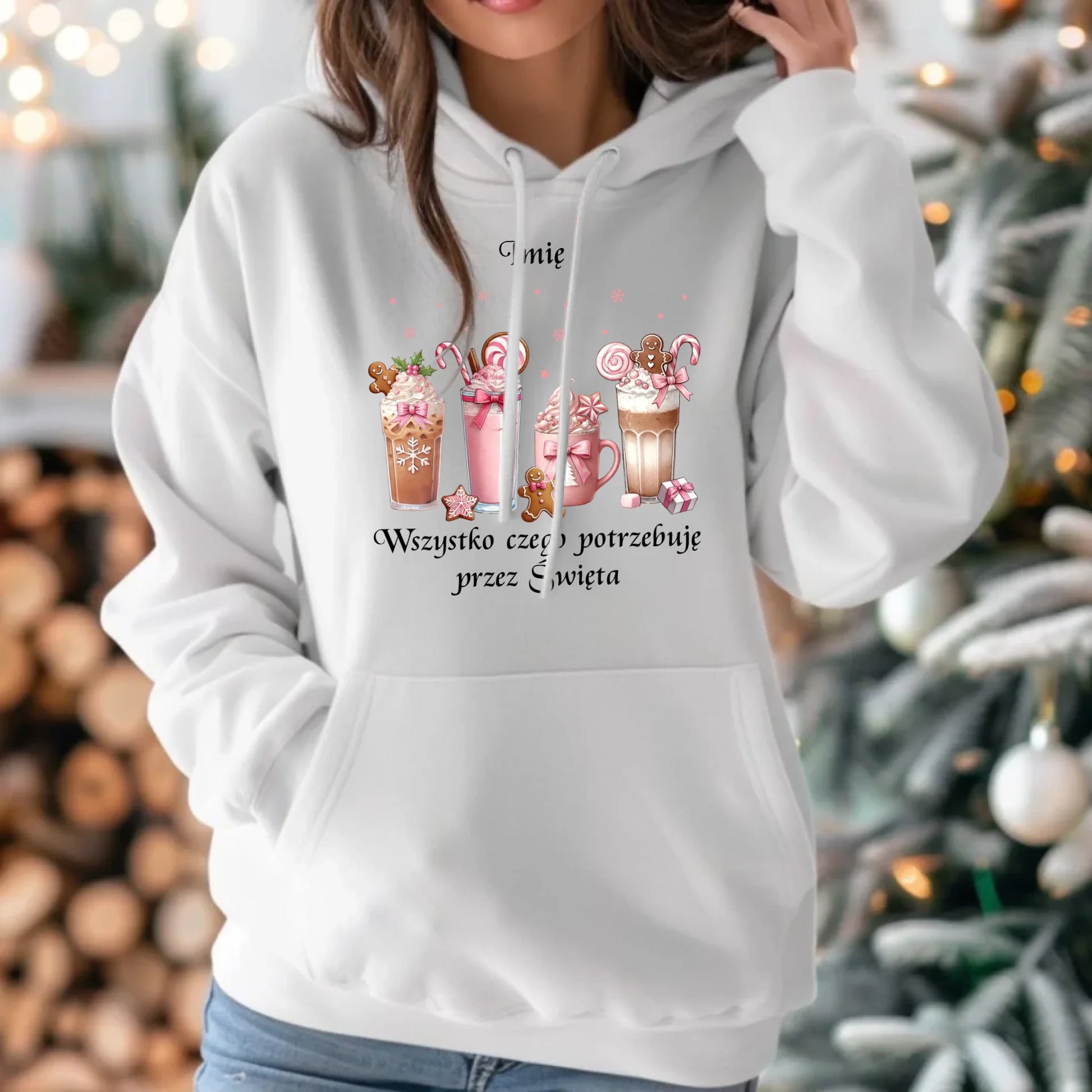 Bluza damska z kapturem świąteczna - Zimowa kawa Wszystko czego potrzebuję przez Święta - personalizowana BN46 - StoryCups.pl