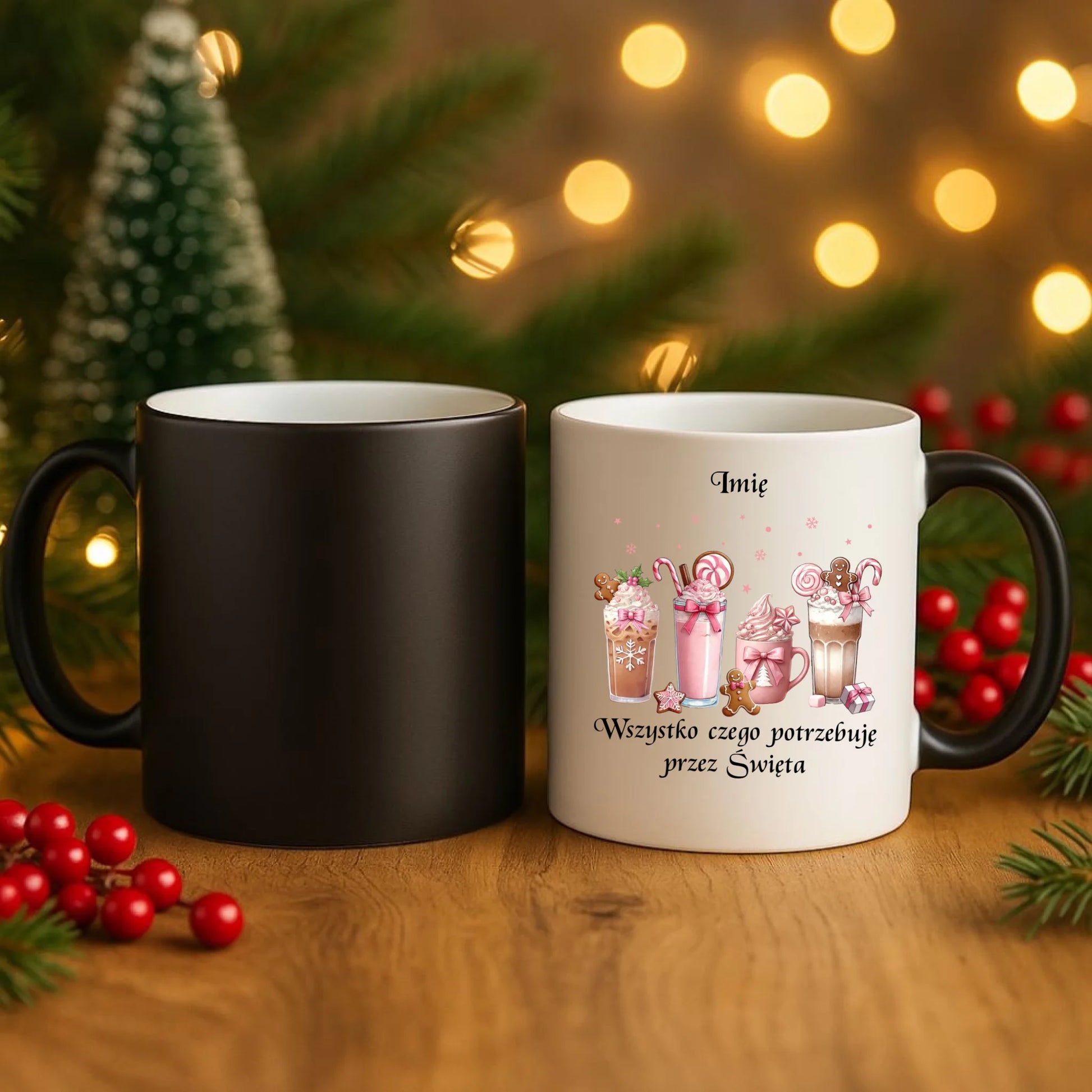 Kubek magiczny świąteczny - Zimowa kawa Wszystko czego potrzebuję przez Święta - personalizowany BN46 - StoryCups.pl
