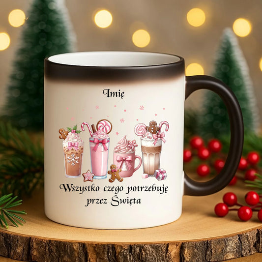 Kubek magiczny świąteczny - Zimowa kawa Wszystko czego potrzebuję przez Święta - personalizowany BN46 - StoryCups.pl
