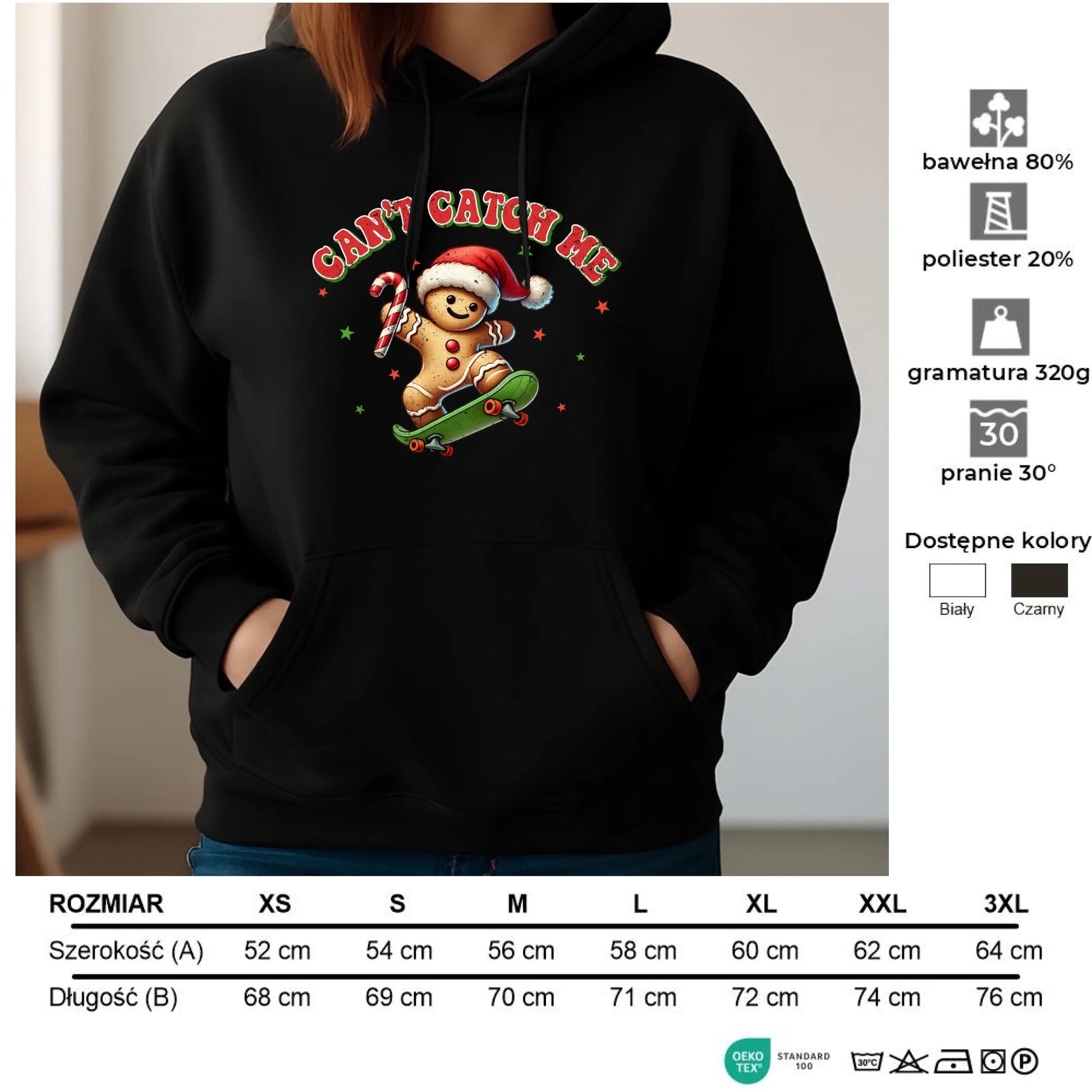 Bluza damska z kapturem świąteczna - Piernik na deskorolce Can't catch me BN45 - StoryCups.pl