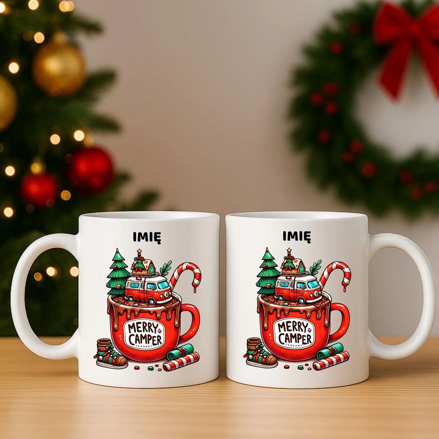 Zestaw poduszka i kubek świąteczny - Kamper Merry Camper - personalizowany BN43 - StoryCups.pl