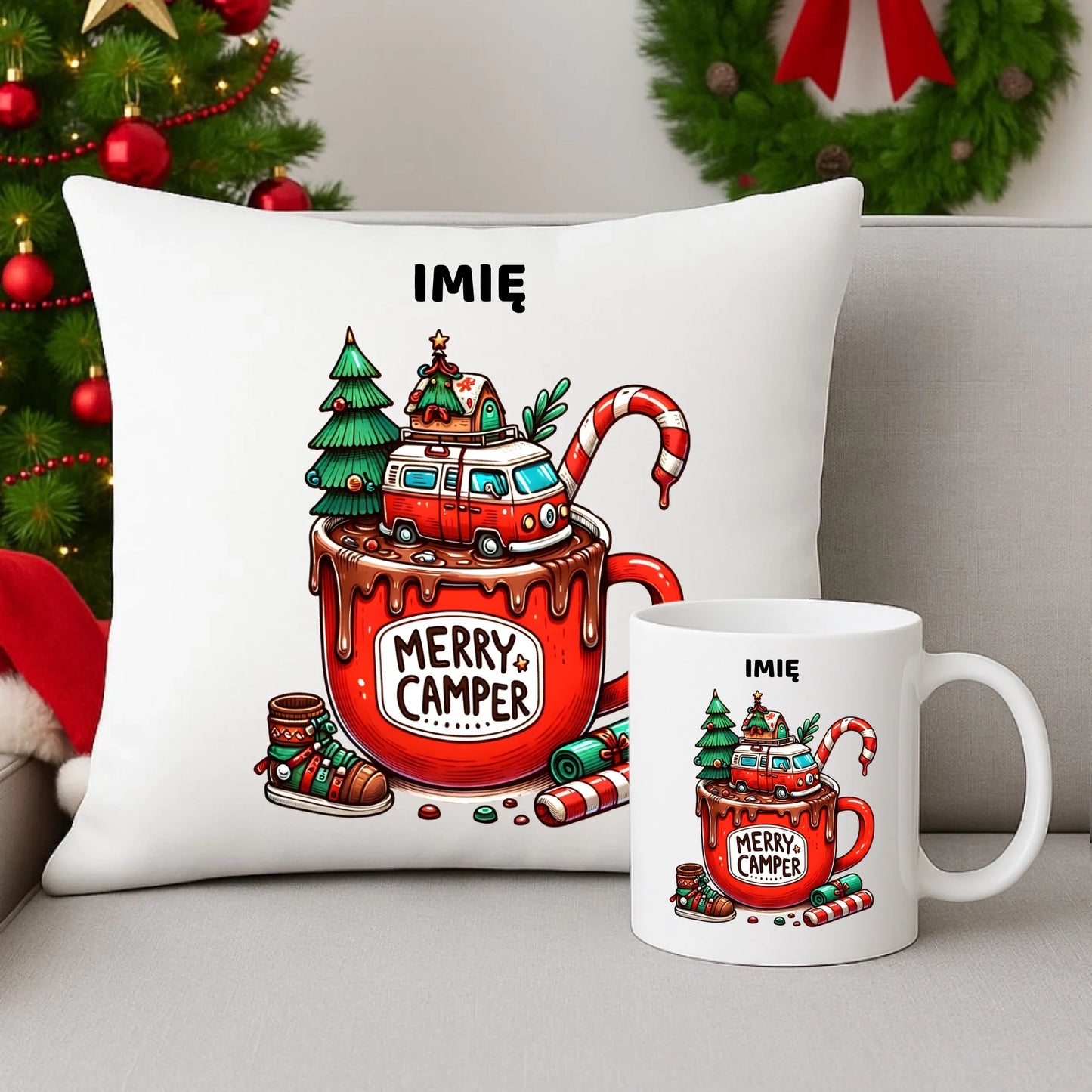 Zestaw poduszka i kubek świąteczny - Kamper Merry Camper - personalizowany BN43 - StoryCups.pl