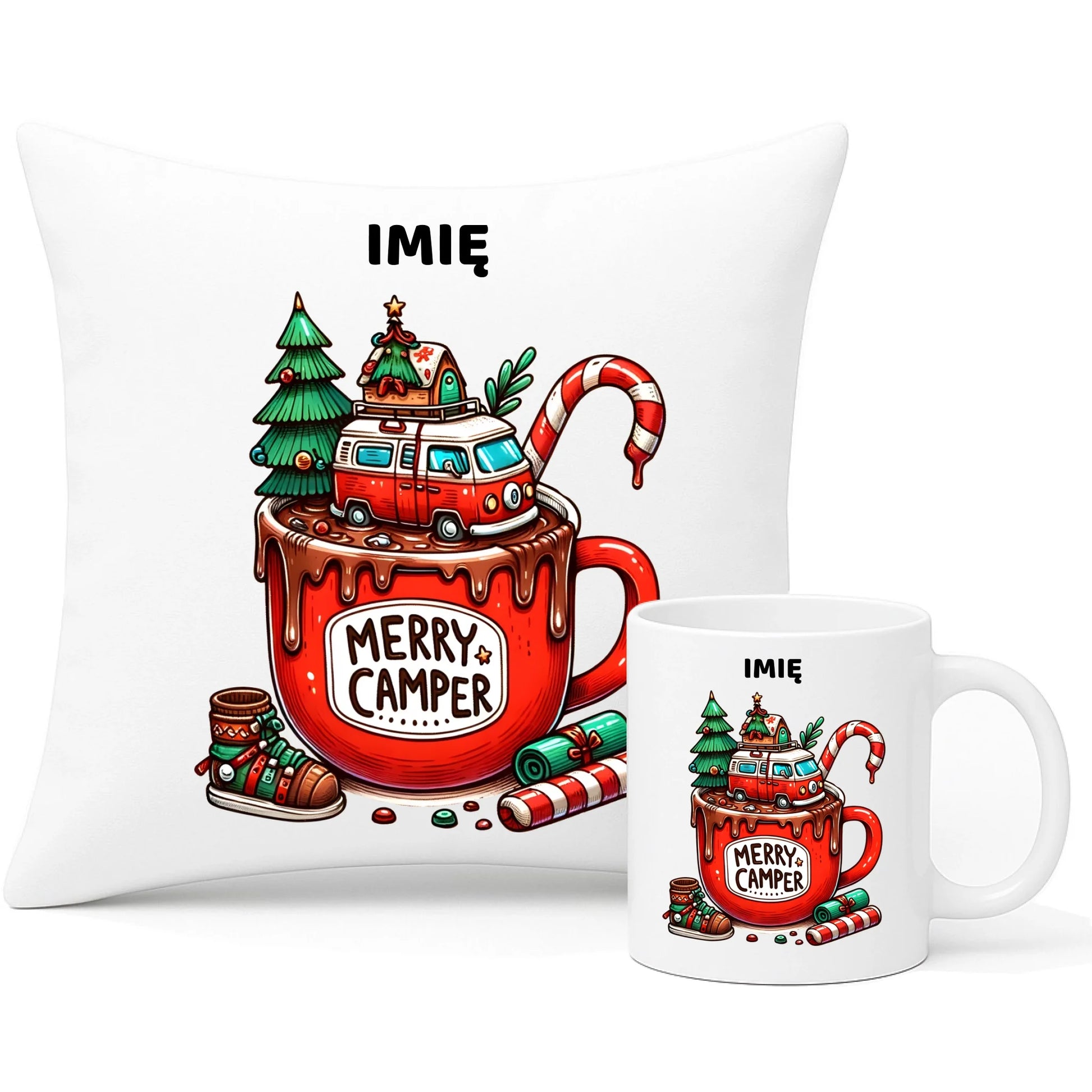 Zestaw poduszka i kubek świąteczny - Kamper Merry Camper - personalizowany BN43 - StoryCups.pl