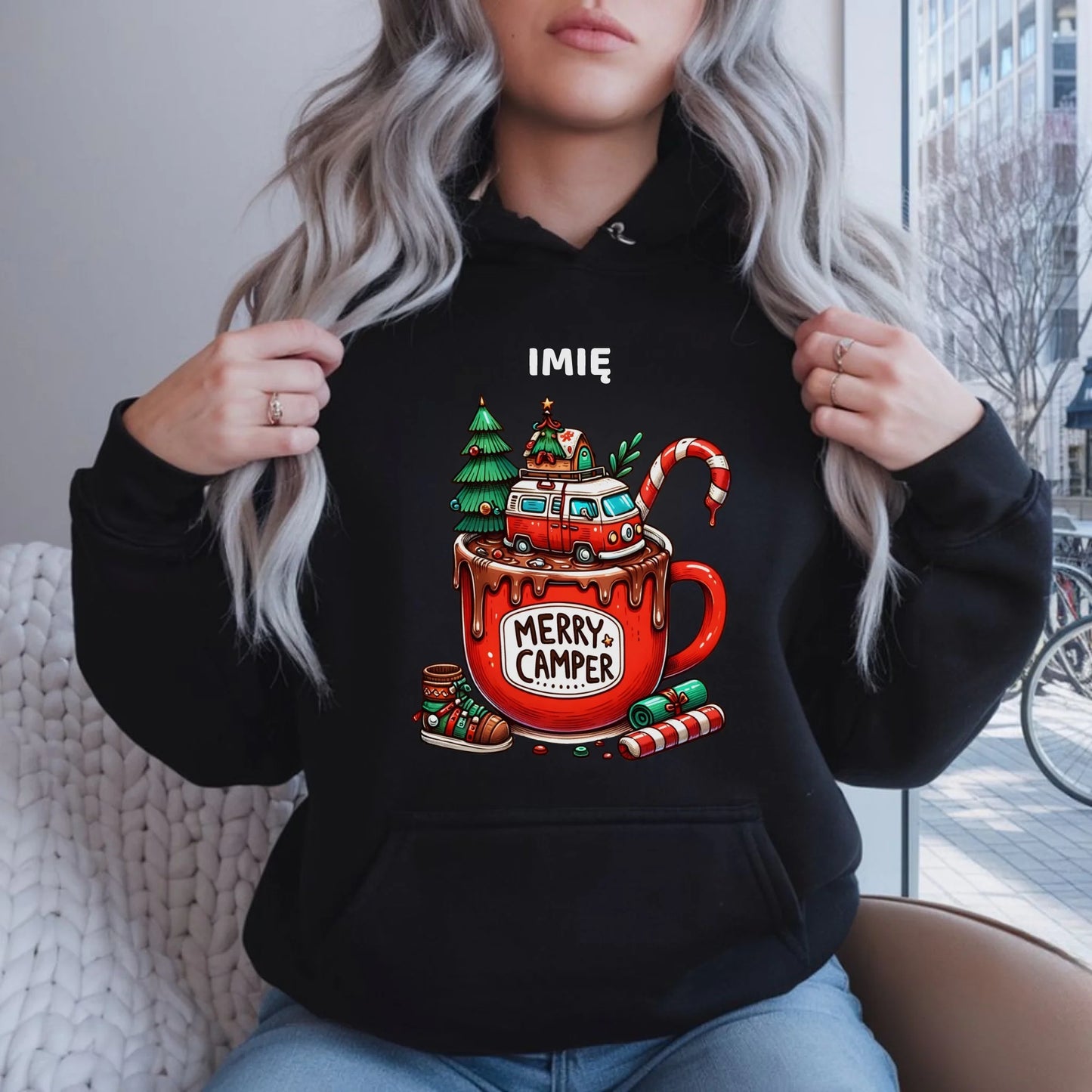 Bluza damska z kapturem świąteczna - Kamper Merry Camper - personalizowana BN43 - StoryCups.pl
