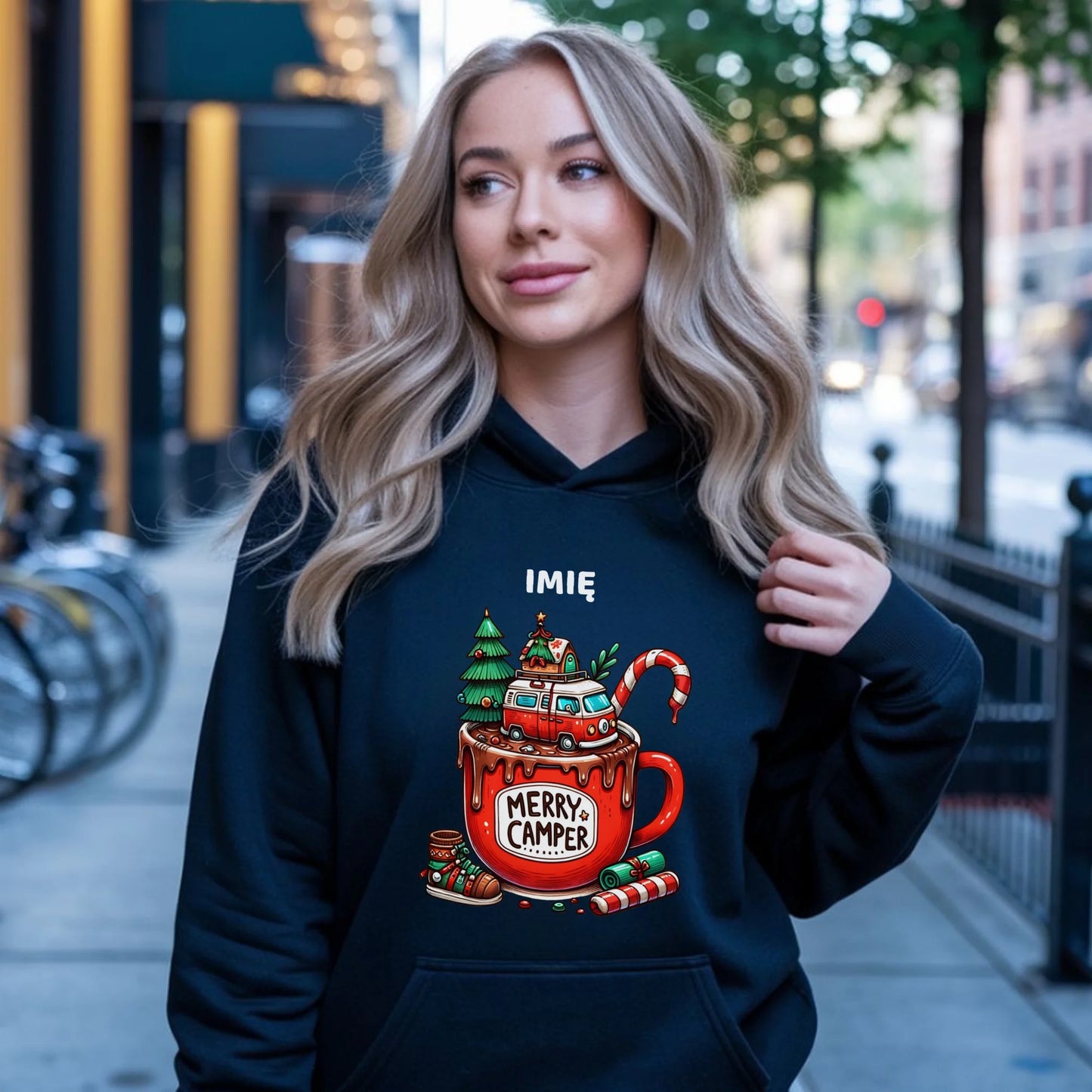 Bluza damska z kapturem świąteczna - Kamper Merry Camper - personalizowana BN43 - StoryCups.pl