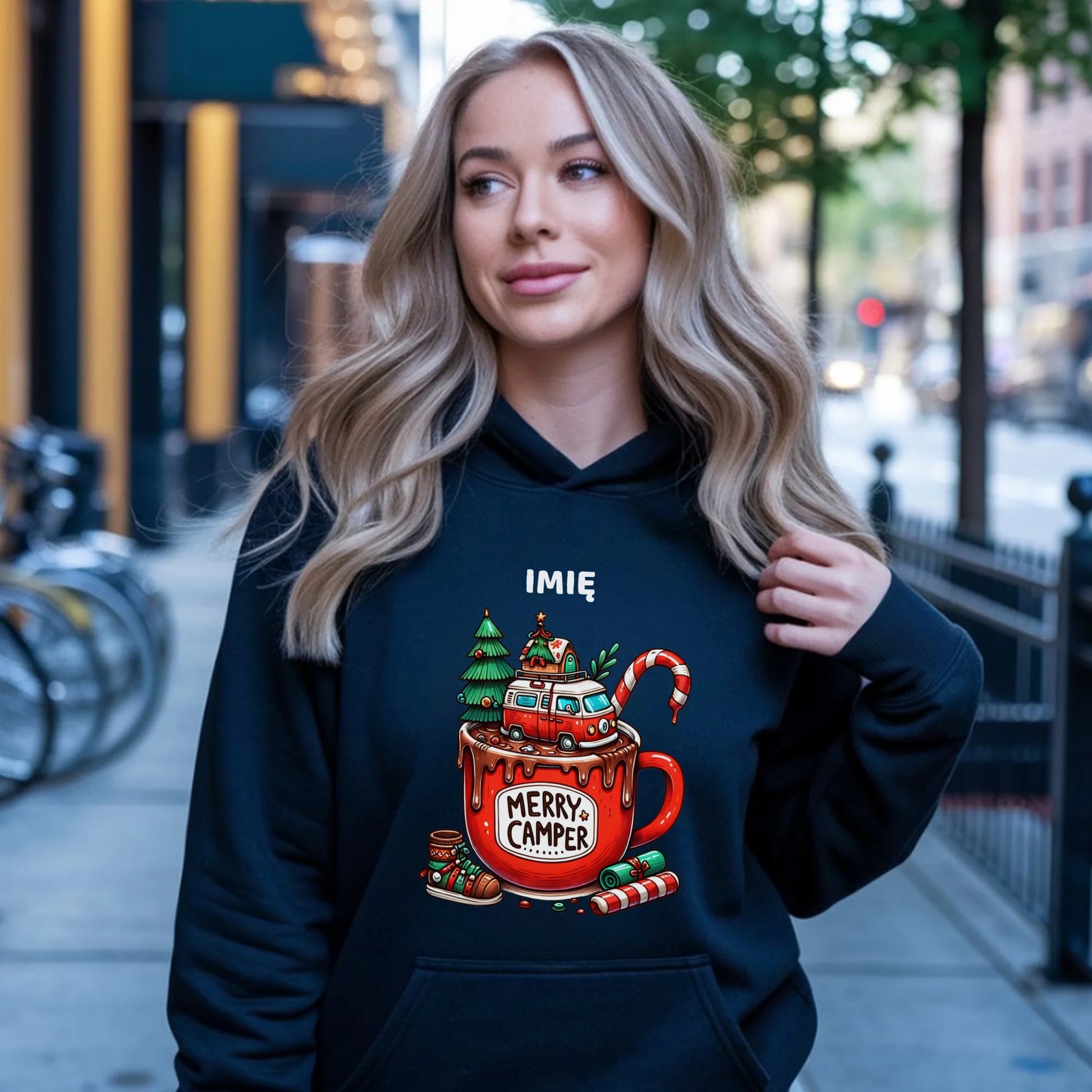Bluza damska z kapturem świąteczna - Kamper Merry Camper - personalizowana BN43 - StoryCups.pl