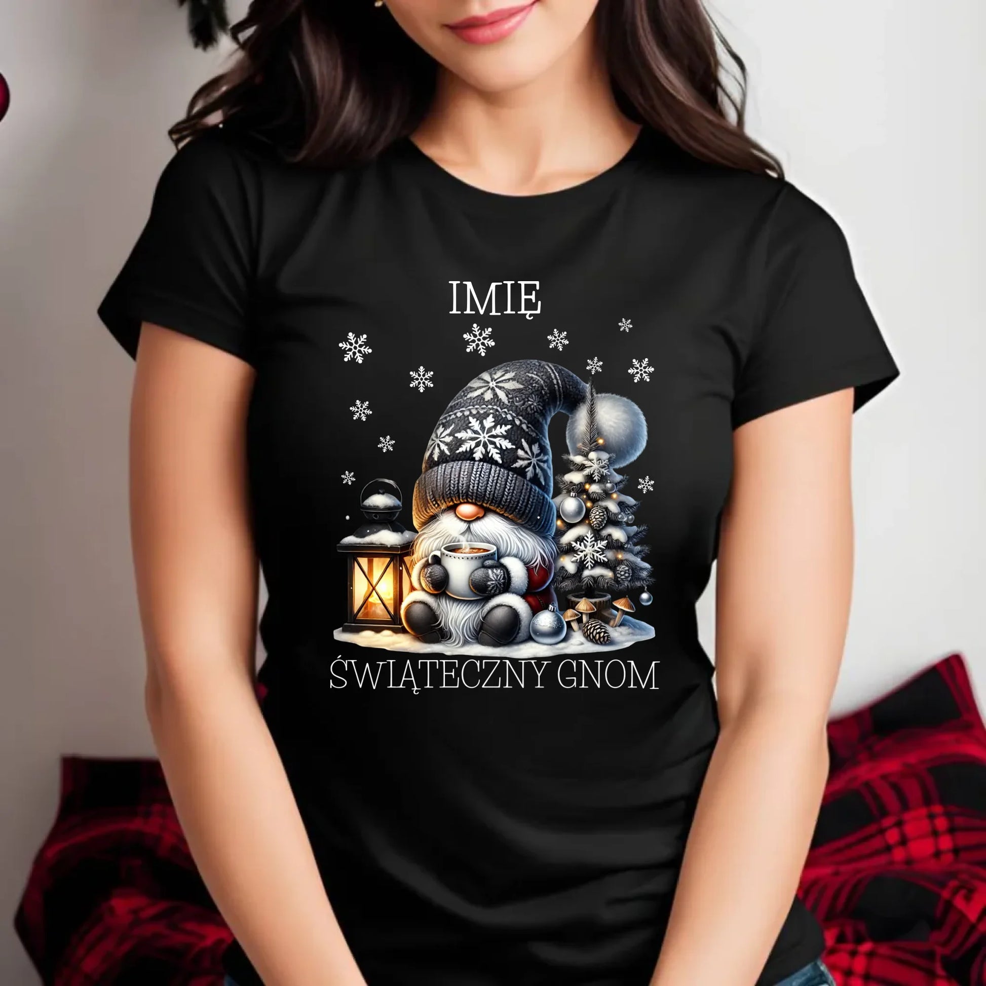 Koszulka damska świąteczna - Gnom z czekoladą - personalizowana BN41 - StoryCups.pl