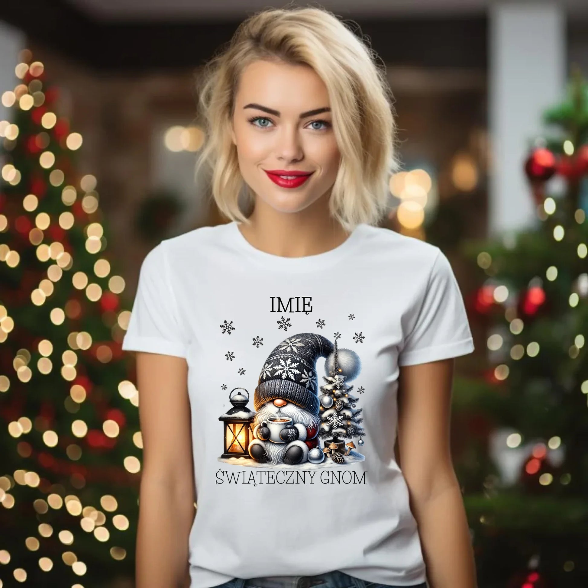 Koszulka damska świąteczna - Gnom z czekoladą - personalizowana BN41 - StoryCups.pl