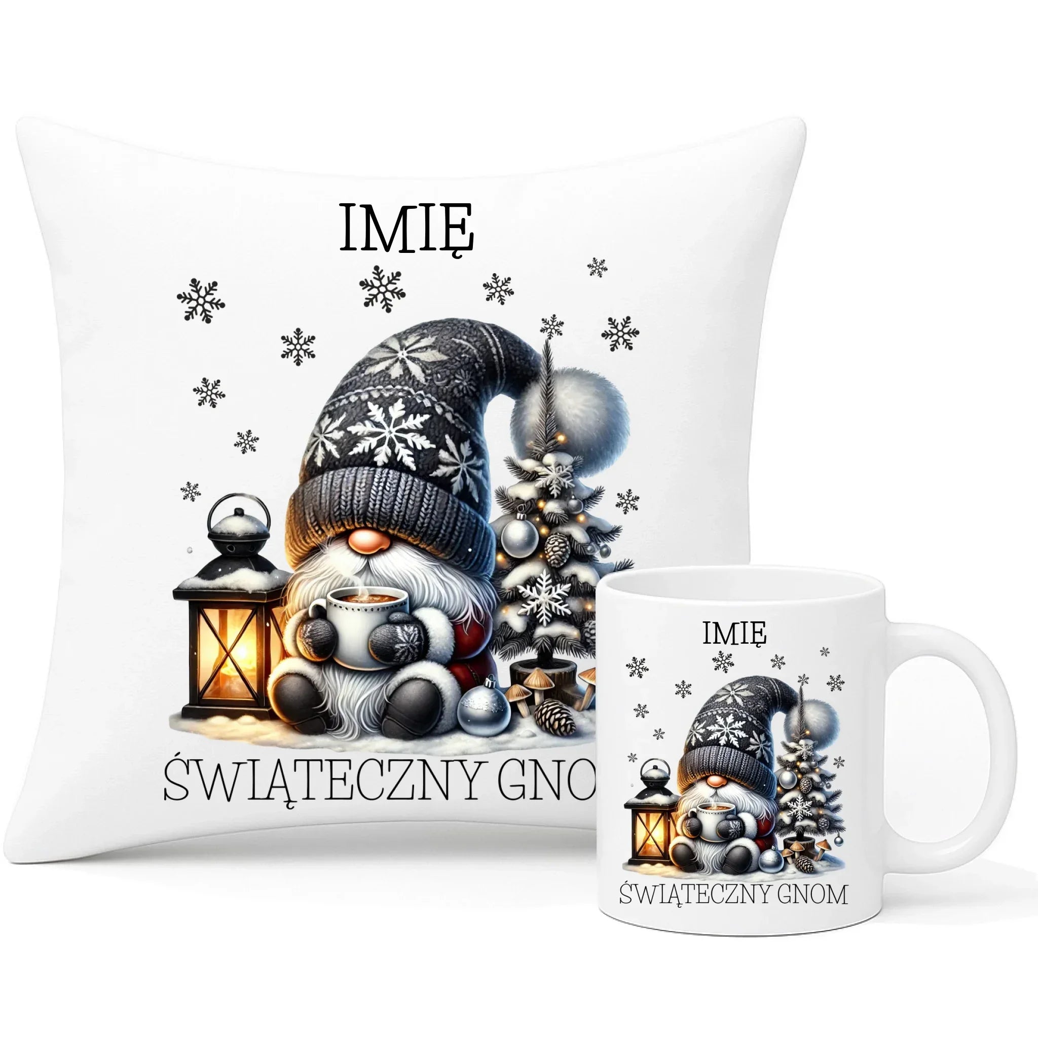Zestaw poduszka i kubek świąteczny - Gnom z czekoladą - personalizowany BN41 - StoryCups.pl