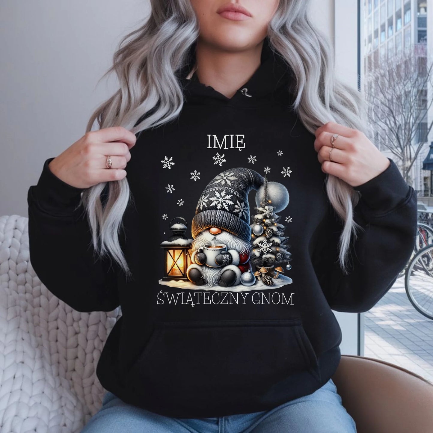 Bluza damska z kapturem świąteczna - Gnom z czekoladą - personalizowana BN41 - StoryCups.pl