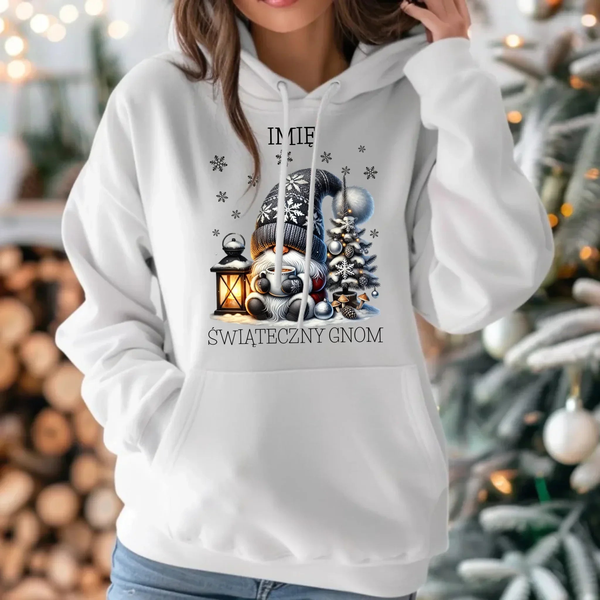 Bluza damska z kapturem świąteczna - Gnom z czekoladą - personalizowana BN41 - StoryCups.pl