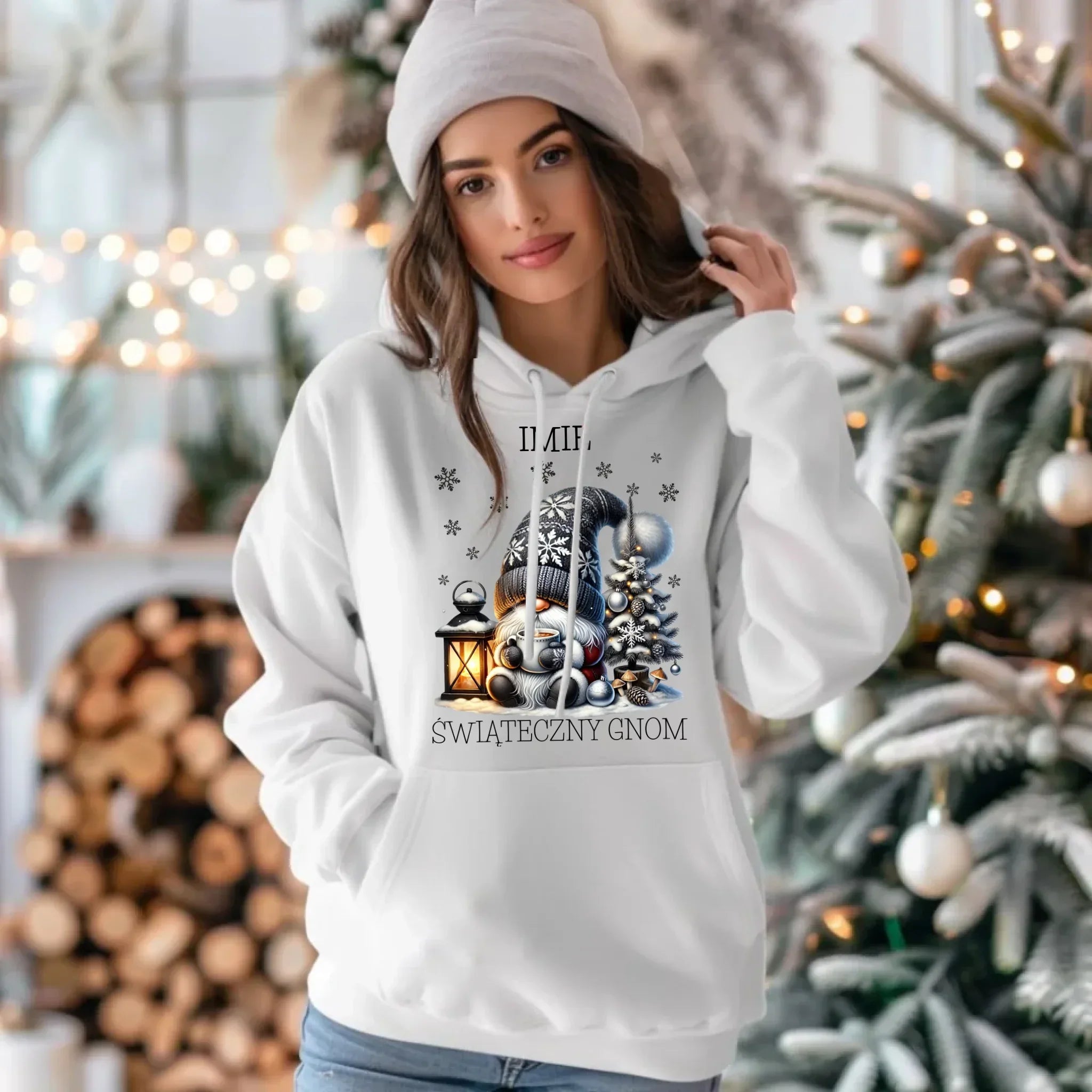 Bluza damska z kapturem świąteczna - Gnom z czekoladą - personalizowana BN41 - StoryCups.pl
