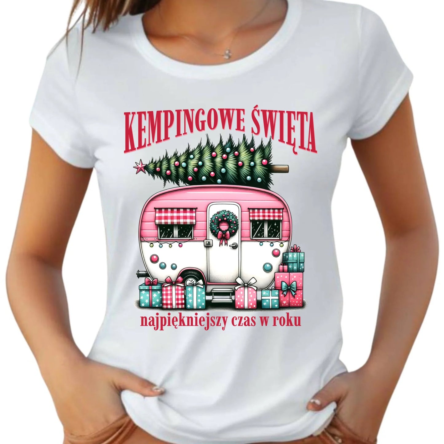Koszulka damska świąteczna - Kamper Kempingowe Święta BN40 - StoryCups.pl