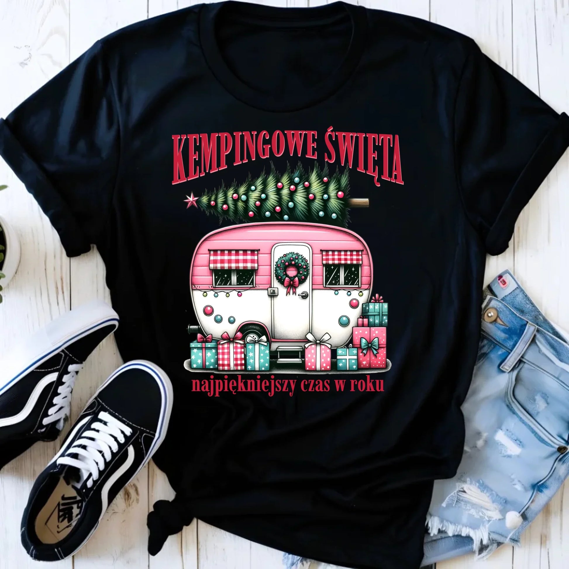 Koszulka damska świąteczna - Kamper Kempingowe Święta BN40 - StoryCups.pl