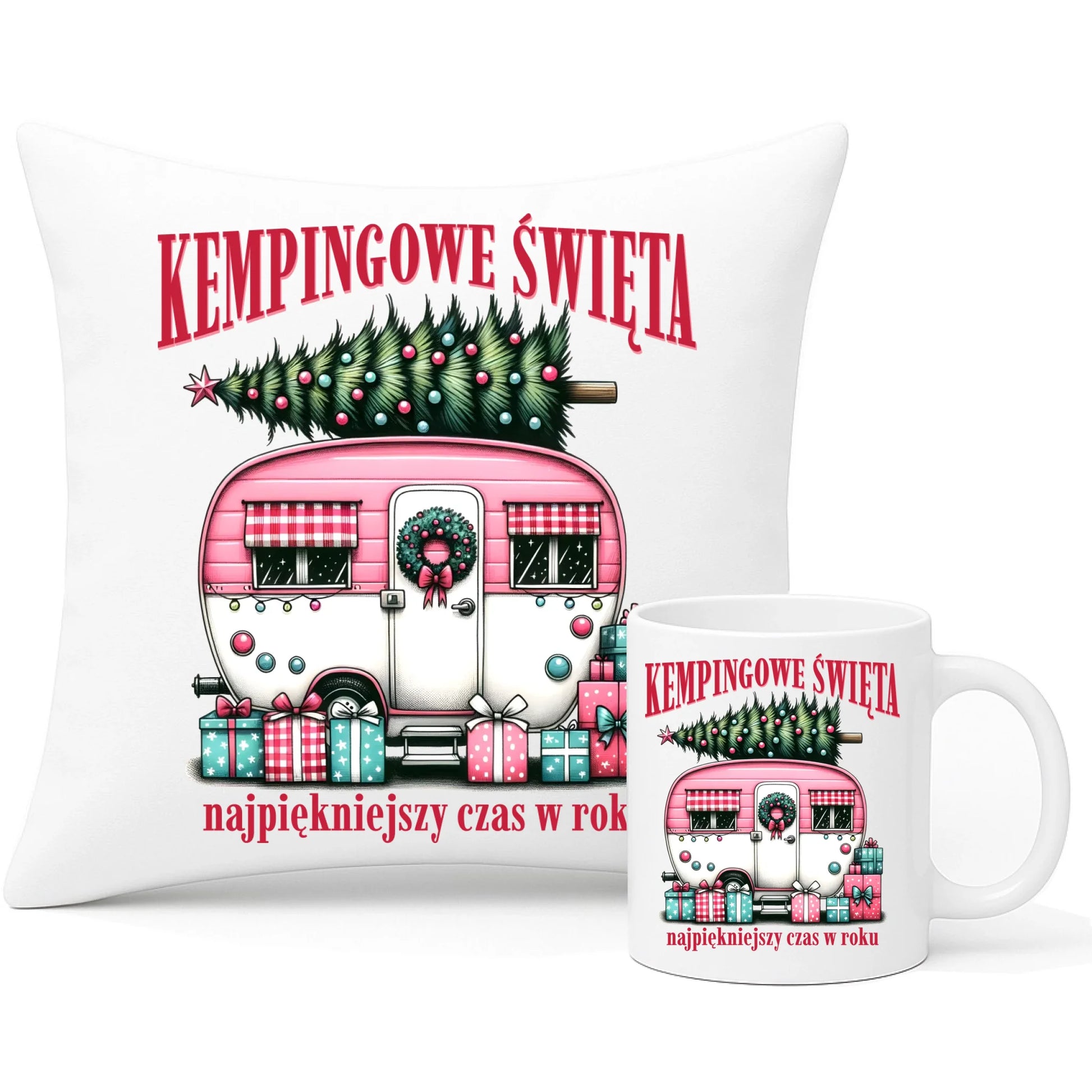 Zestaw poduszka i kubek świąteczny - Kamper Kempingowe Święta BN40 - StoryCups.pl