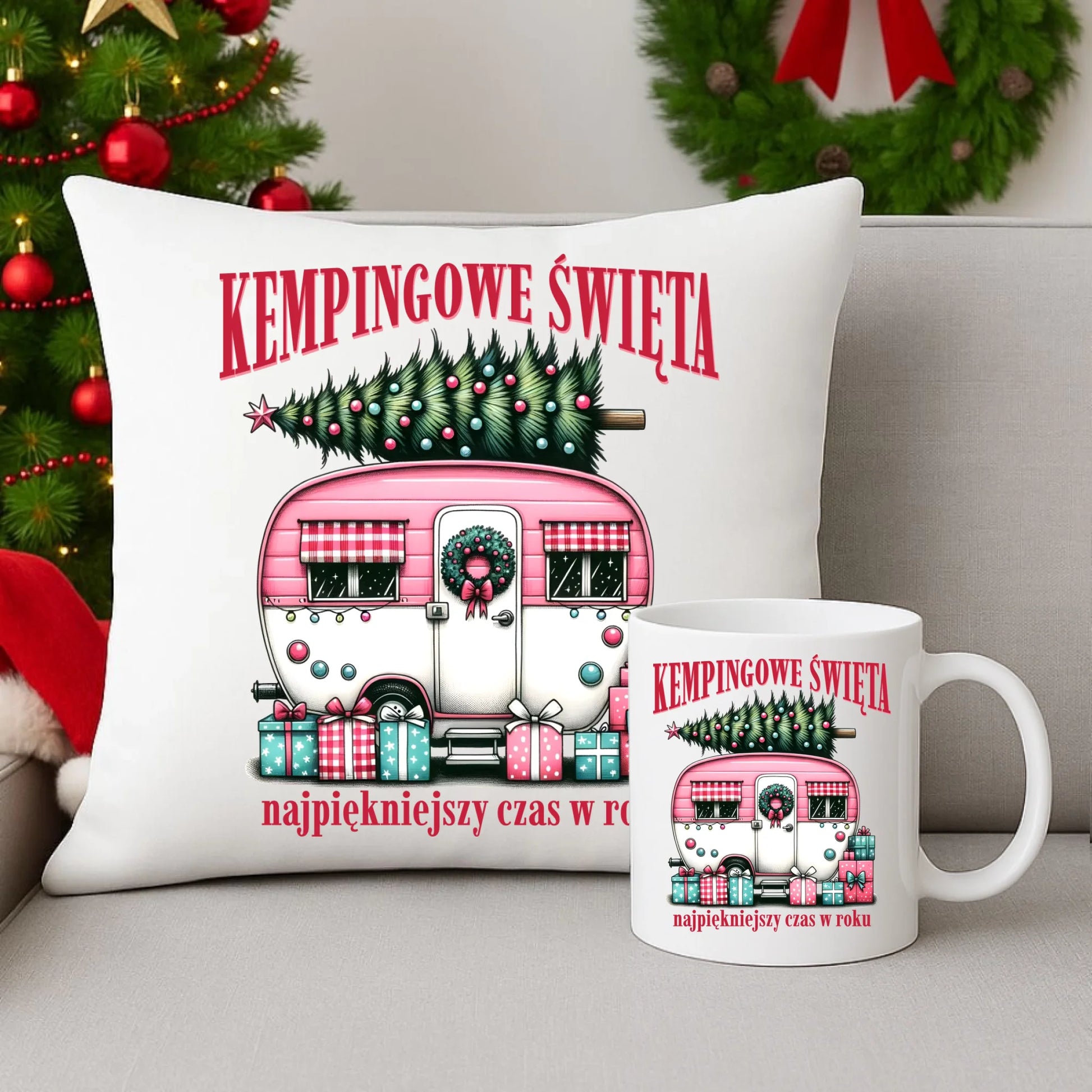 Zestaw poduszka i kubek świąteczny - Kamper Kempingowe Święta BN40 - StoryCups.pl