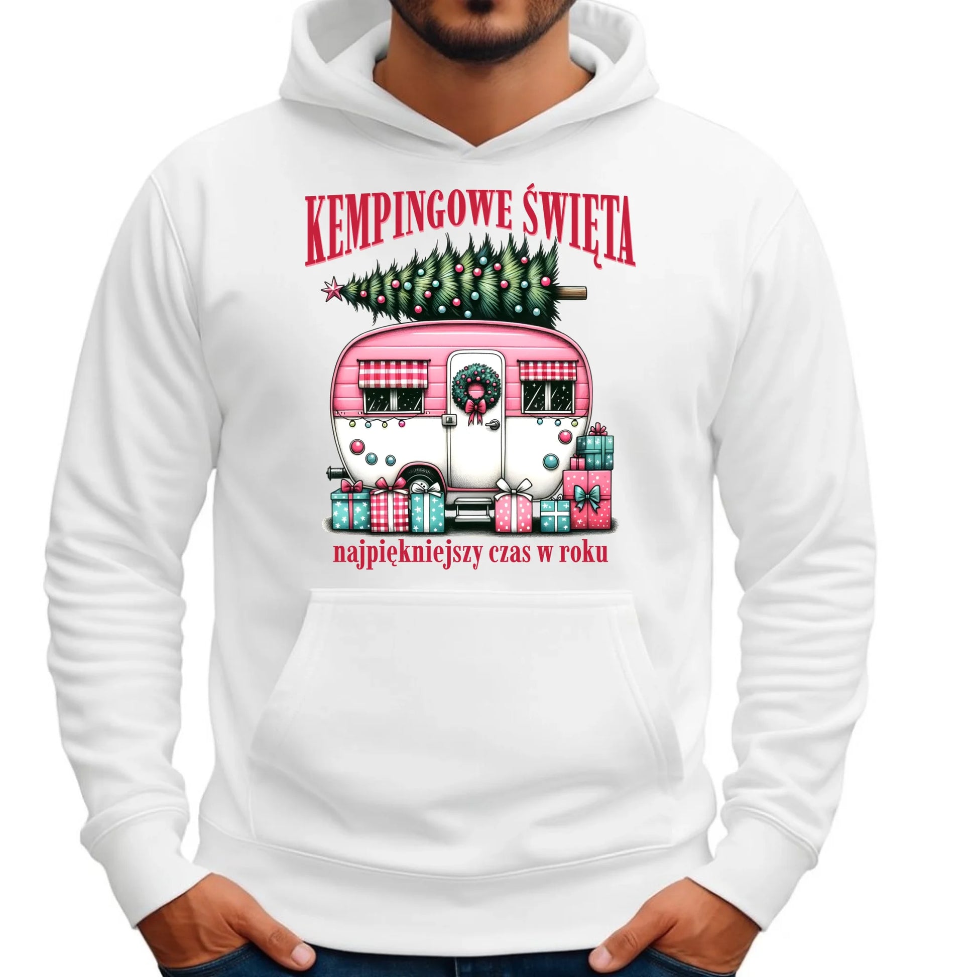 Bluza męska z kapturem świąteczna - Kamper Kempingowe Święta BN40 - StoryCups.pl