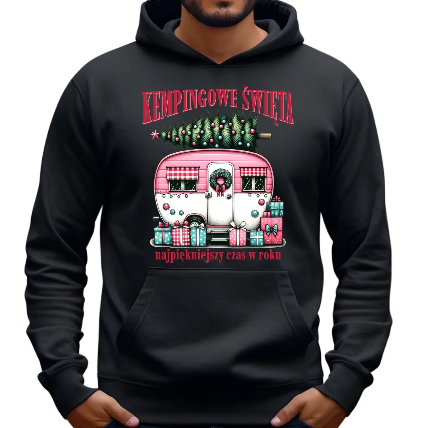 Bluza męska z kapturem świąteczna - Kamper Kempingowe Święta BN40 - StoryCups.pl