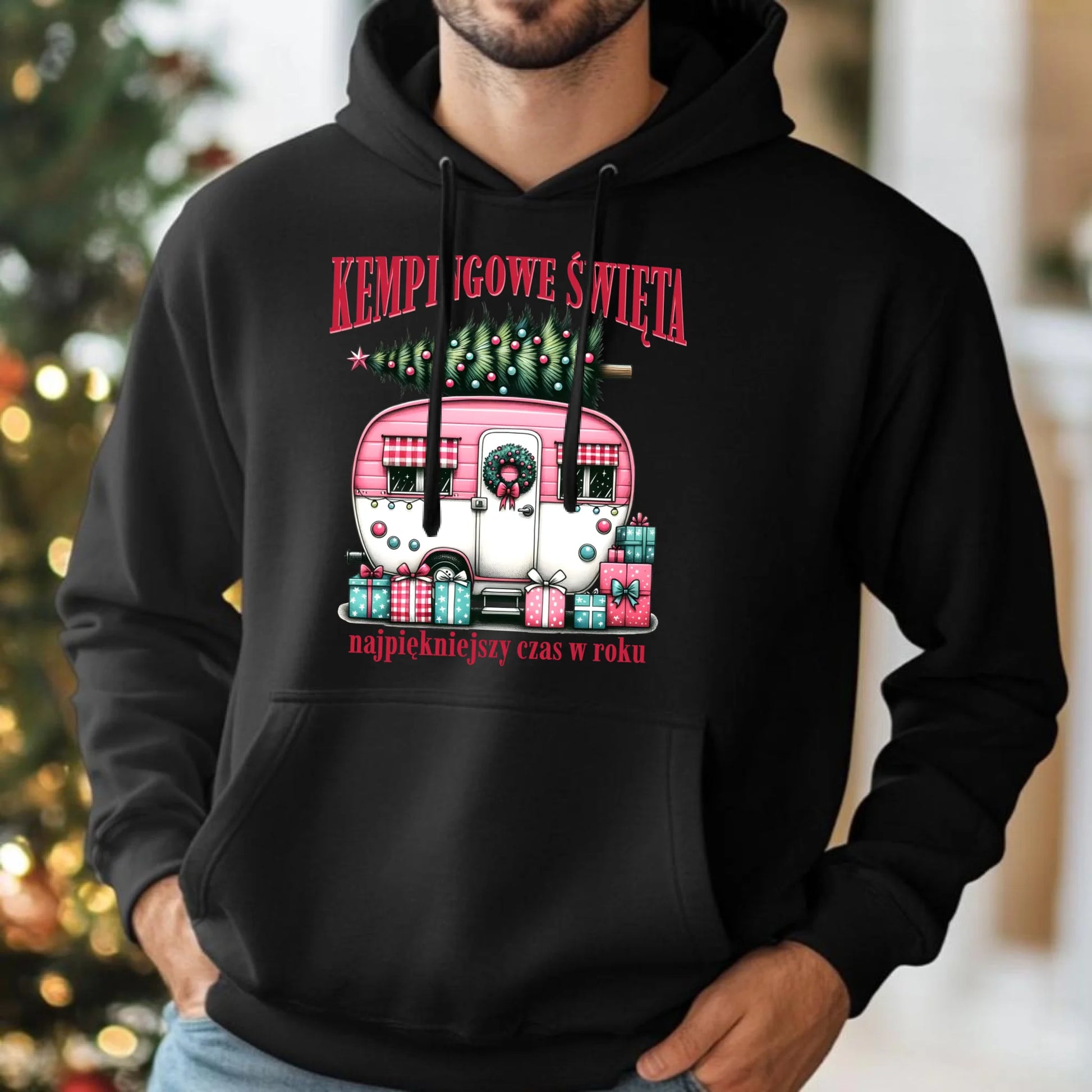 Bluza męska z kapturem świąteczna - Kamper Kempingowe Święta BN40 - StoryCups.pl