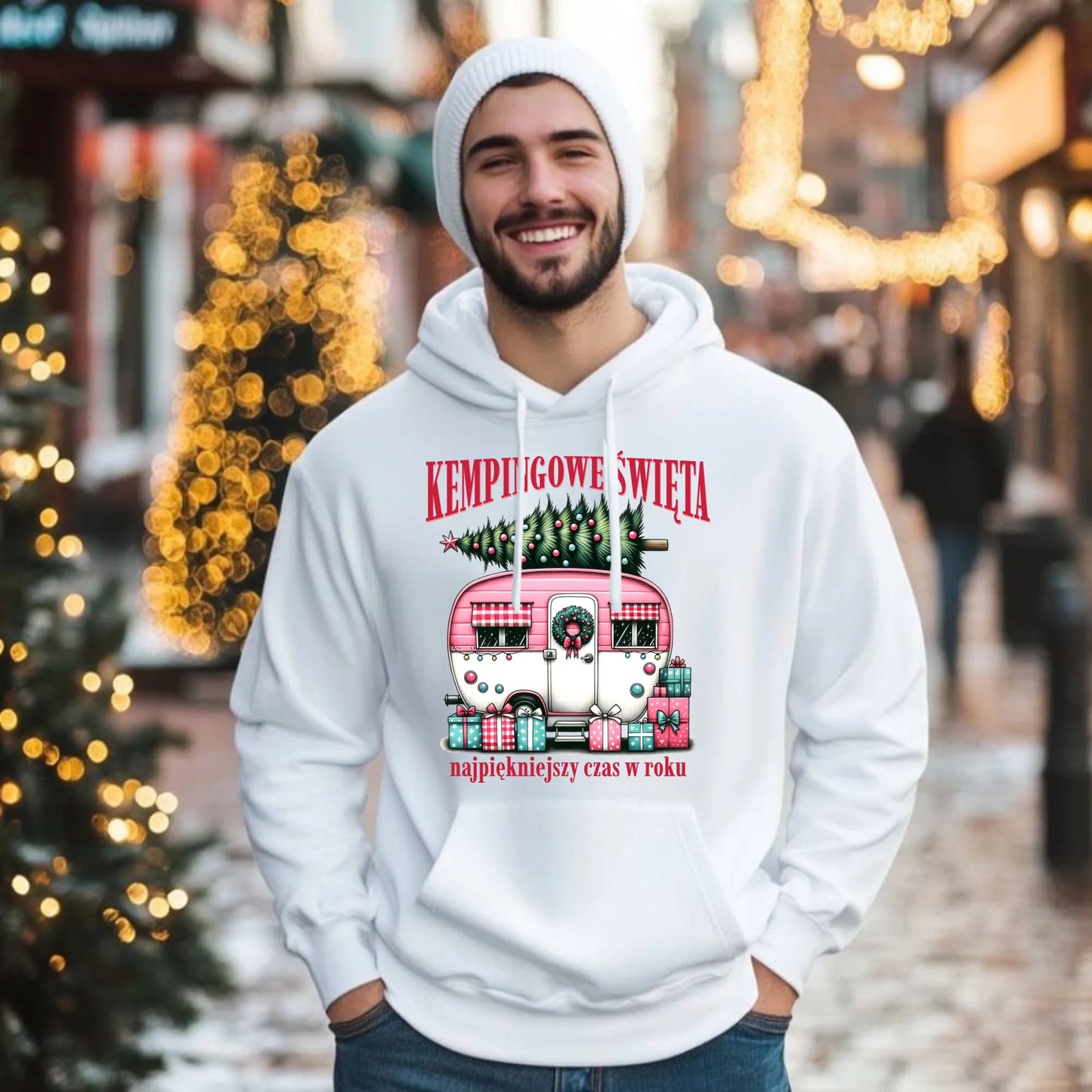 Bluza męska z kapturem świąteczna - Kamper Kempingowe Święta BN40 - StoryCups.pl