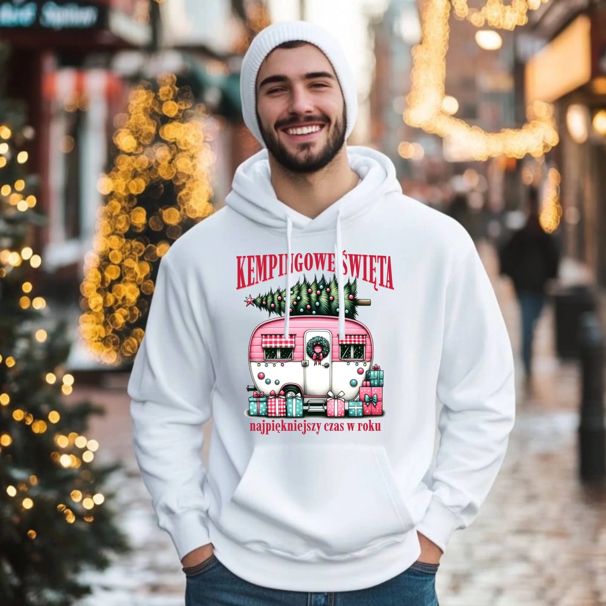 Bluza męska z kapturem świąteczna - Kamper Kempingowe Święta BN40 - StoryCups.pl