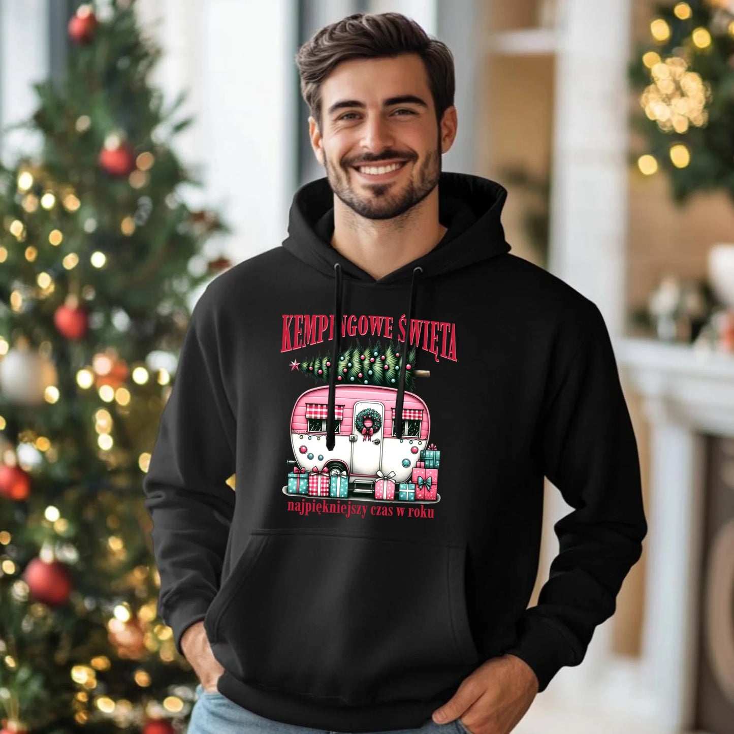 Bluza męska z kapturem świąteczna - Kamper Kempingowe Święta BN40 - StoryCups.pl