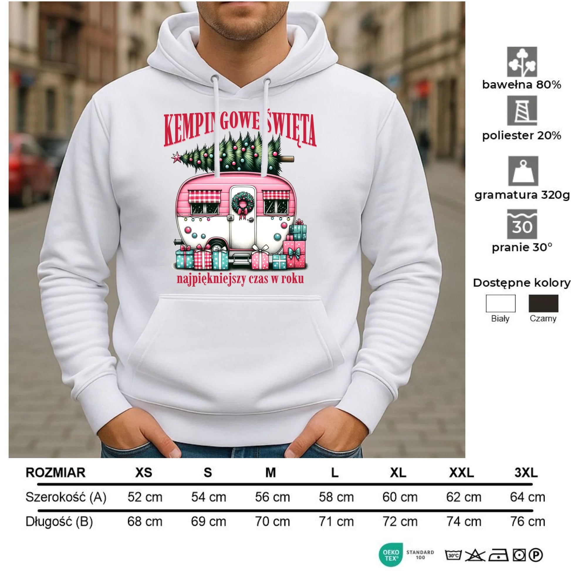Bluza męska z kapturem świąteczna - Kamper Kempingowe Święta BN40 - StoryCups.pl