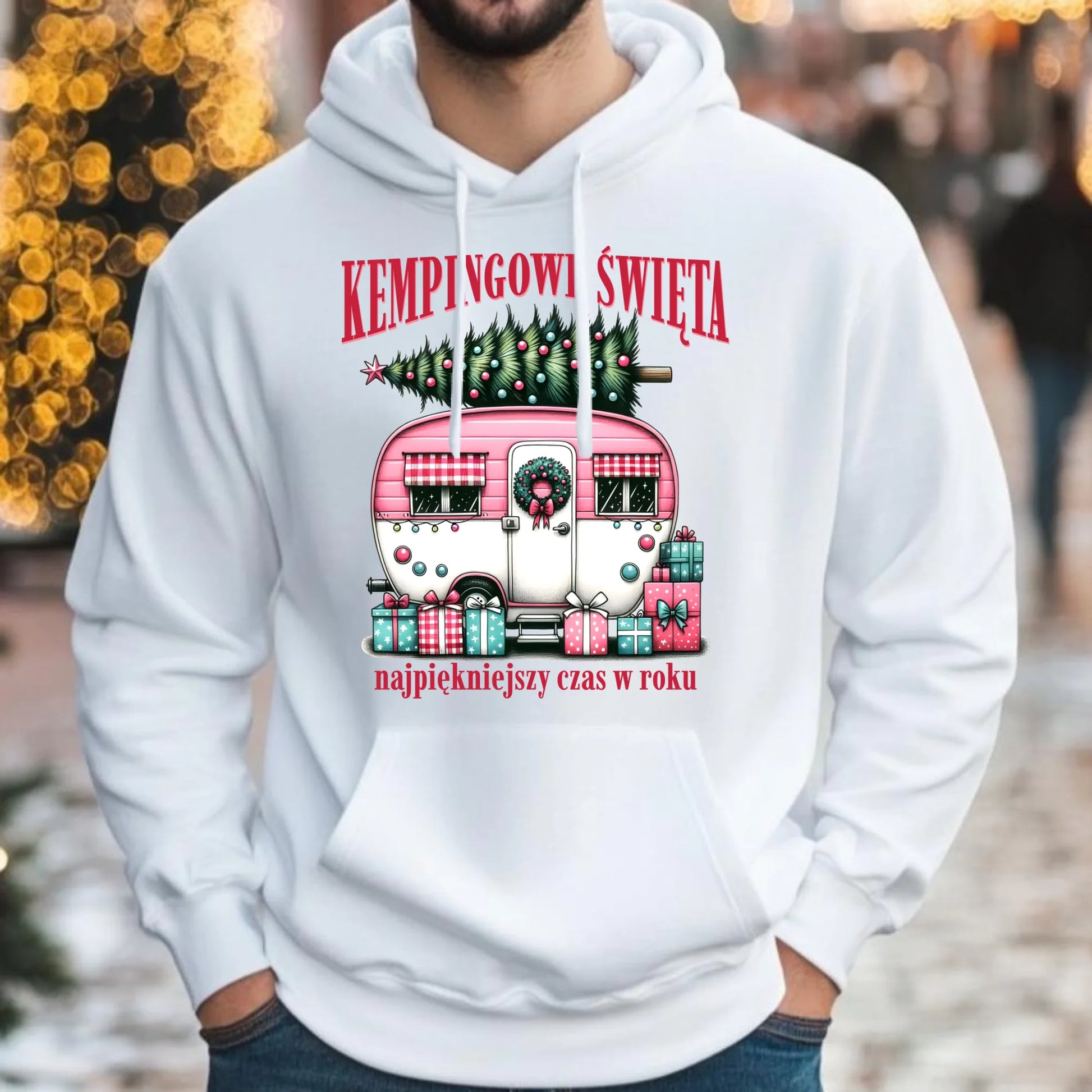 Bluza męska z kapturem świąteczna - Kamper Kempingowe Święta BN40 - StoryCups.pl