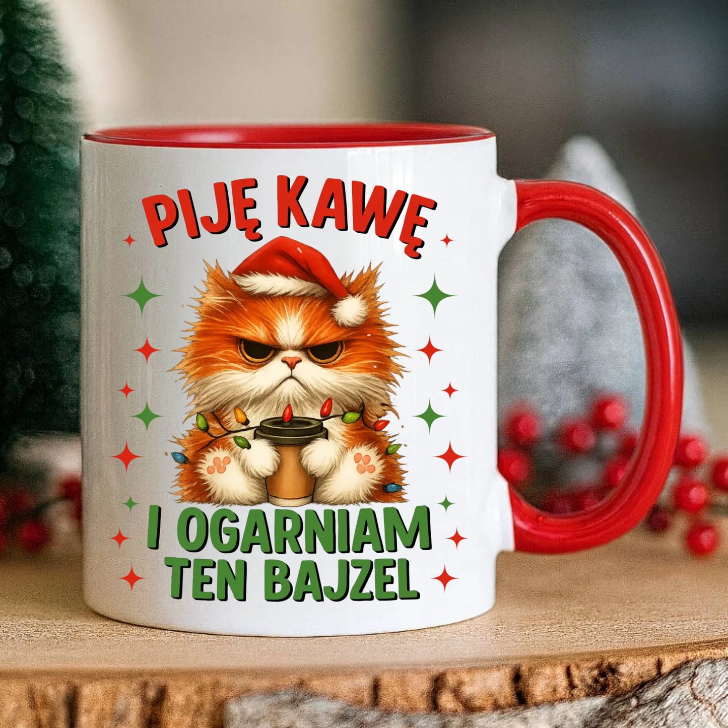 Kubek świąteczny - Kot Piję kawę i ogarniam ten bajzel BN39 - StoryCups.pl