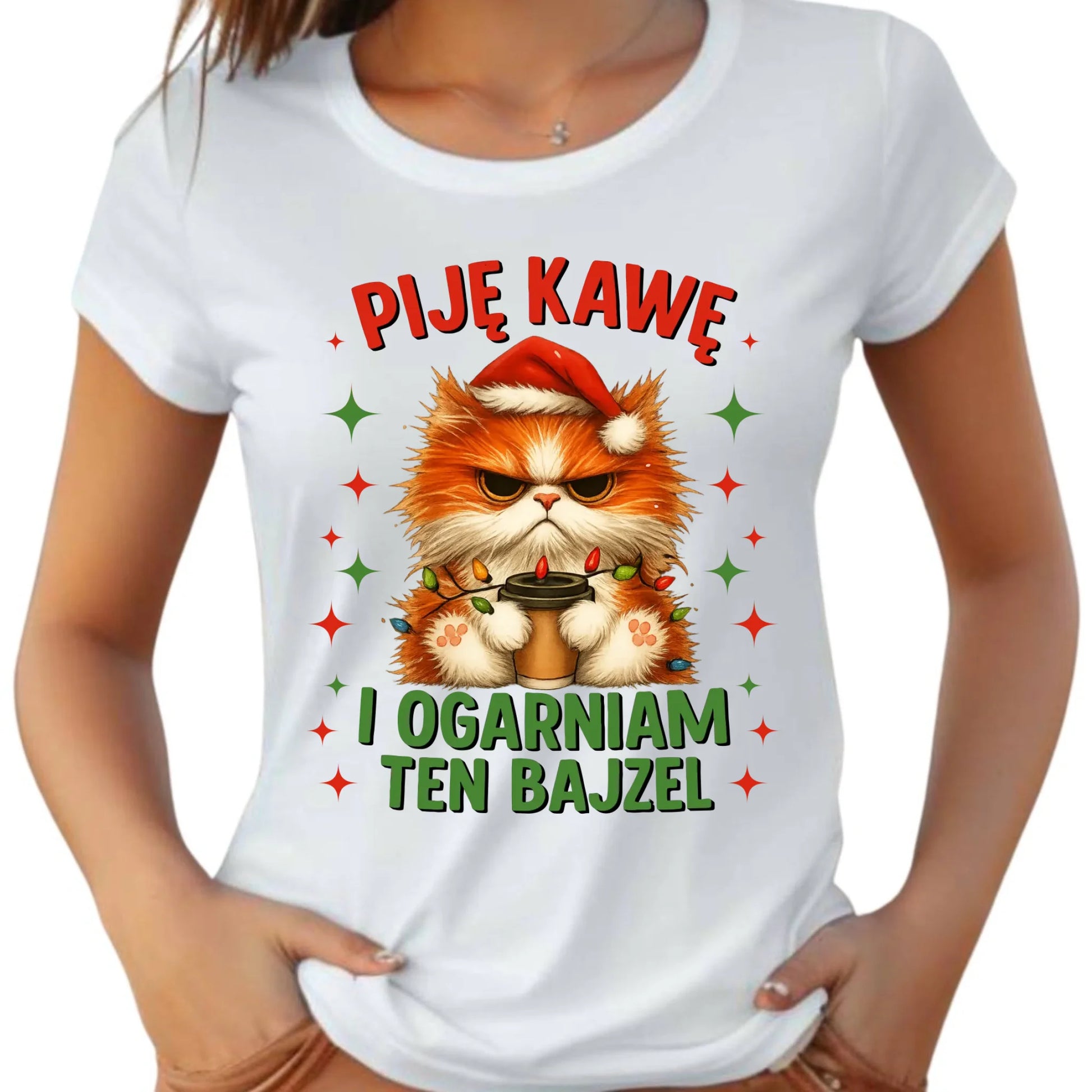 Koszulka damska świąteczna - Kot Piję kawę i ogarniam ten bajzel BN39 - StoryCups.pl