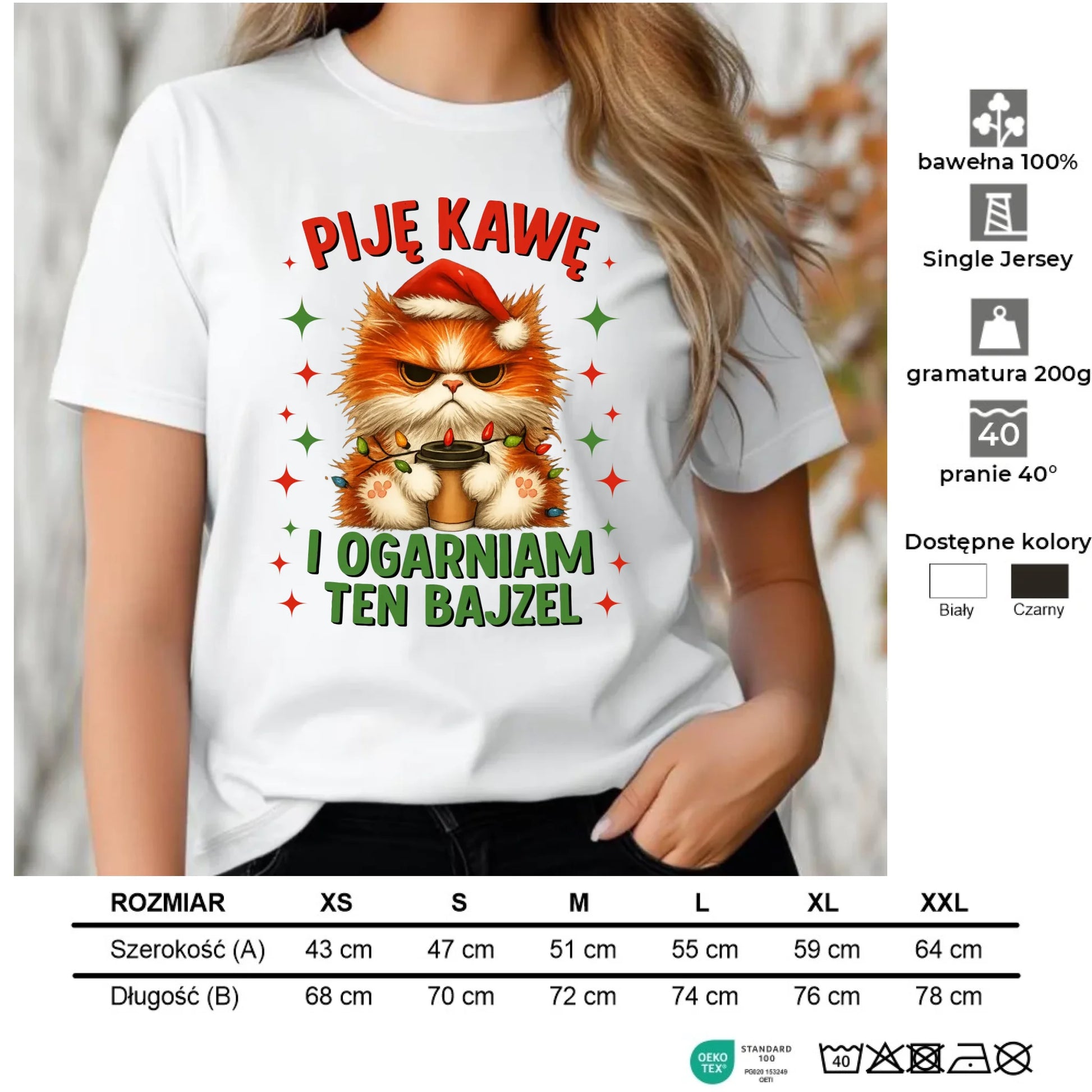 Koszulka damska świąteczna - Kot Piję kawę i ogarniam ten bajzel BN39 - StoryCups.pl