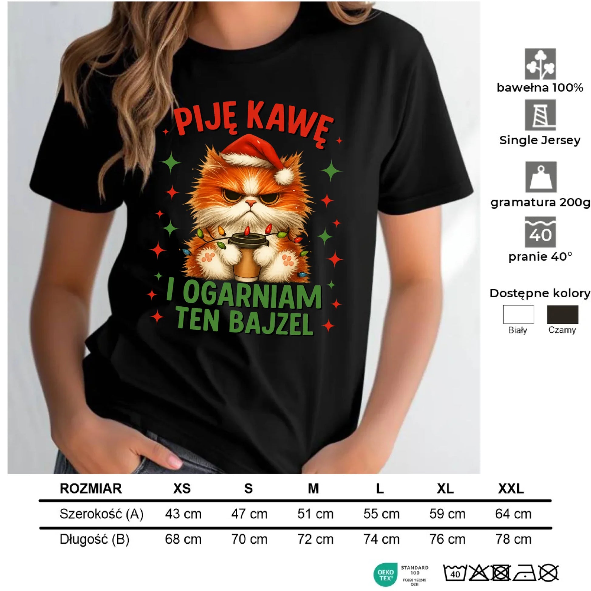 Koszulka damska świąteczna - Kot Piję kawę i ogarniam ten bajzel BN39 - StoryCups.pl