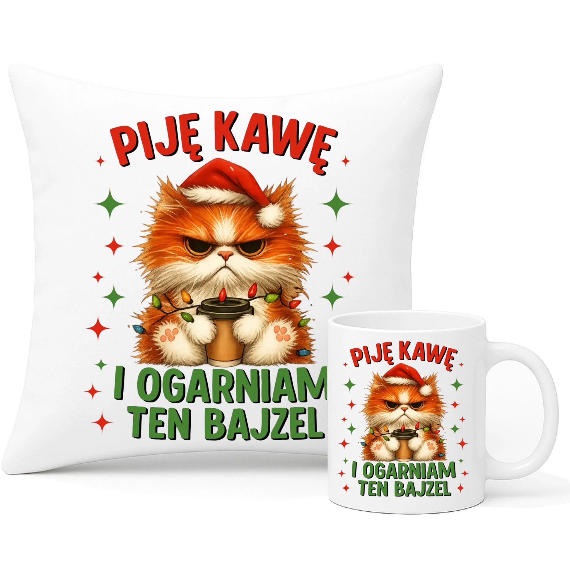 Zestaw poduszka i kubek świąteczny - Kot Piję kawę i ogarniam ten bajzel BN39 - StoryCups.pl