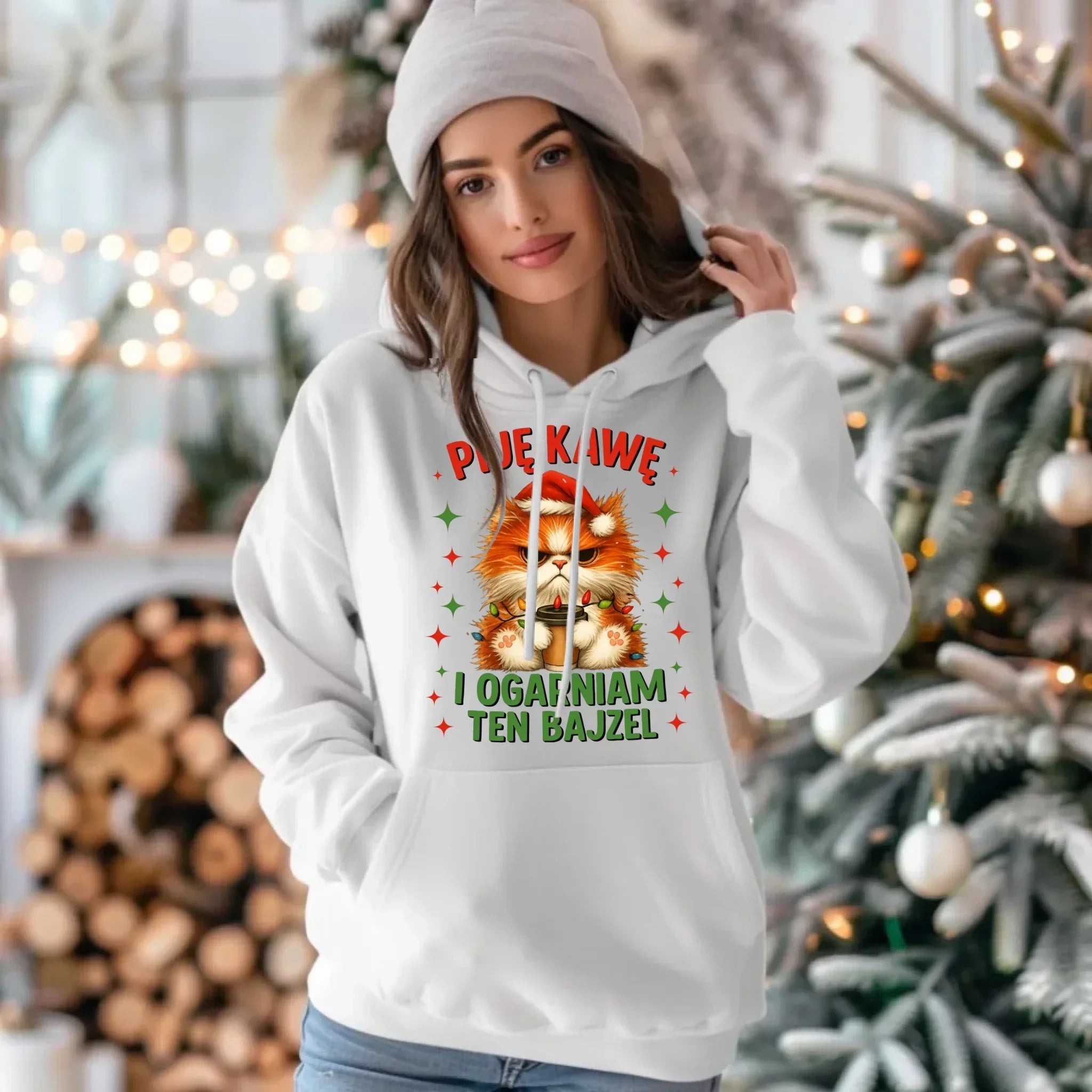 Bluza damska z kapturem świąteczna - Kot Piję kawę i ogarniam ten bajzel BN39 - StoryCups.pl